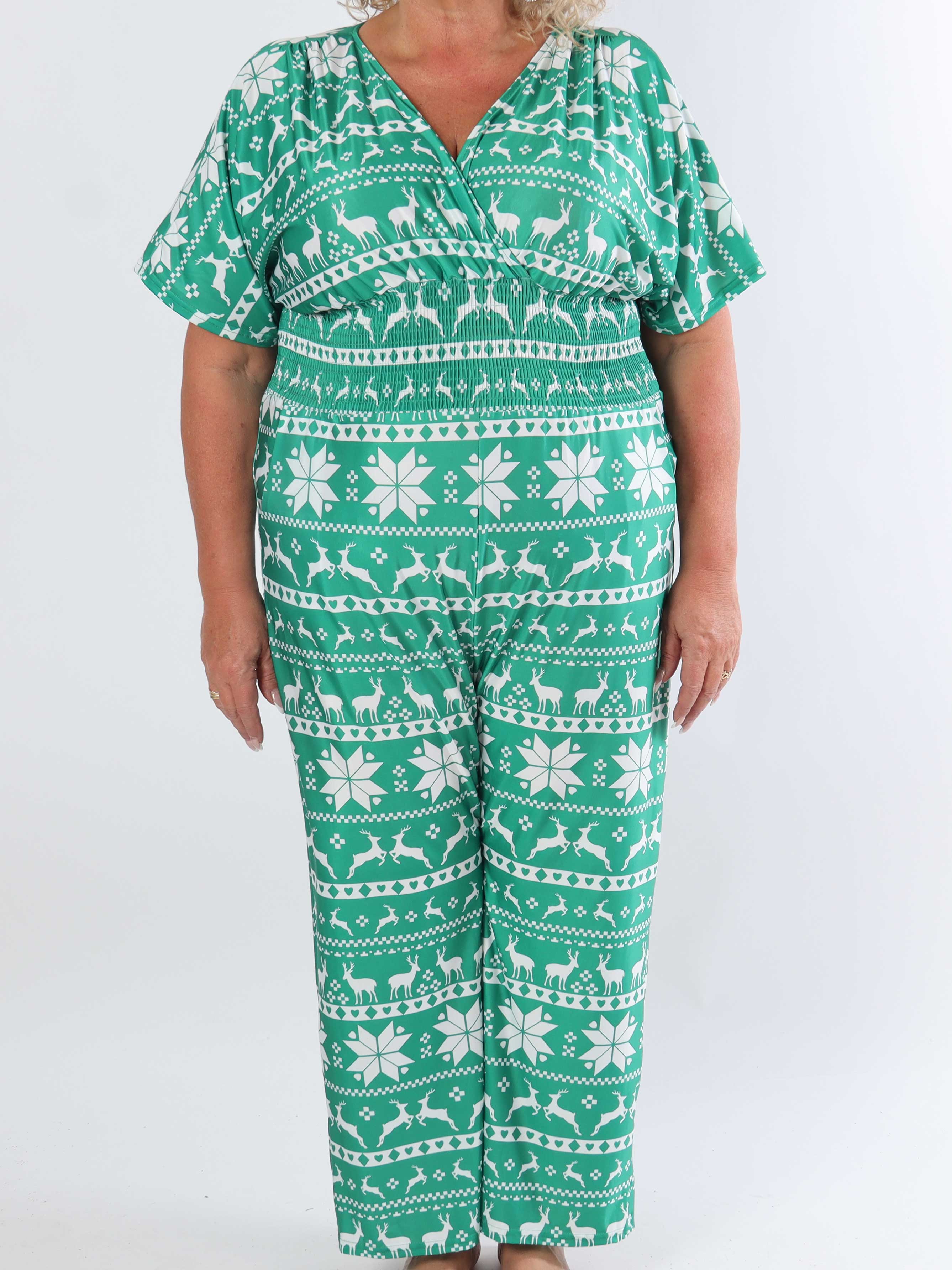 Pams Snow Jumpsuit - Elastisk plus size buksedragt med juleprint