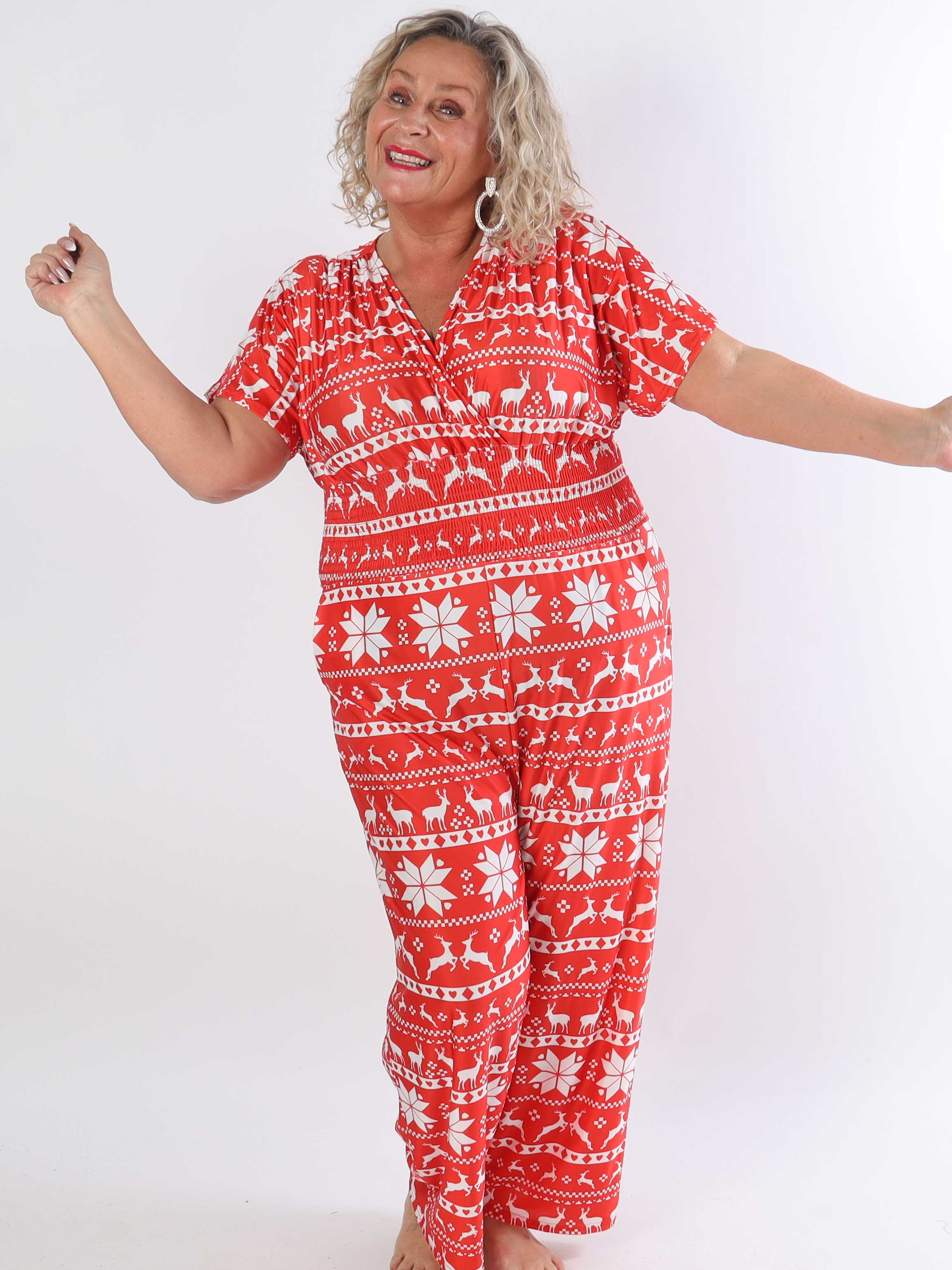 Pams Snow Jumpsuit - Elastisk plus size buksedragt med juleprint
