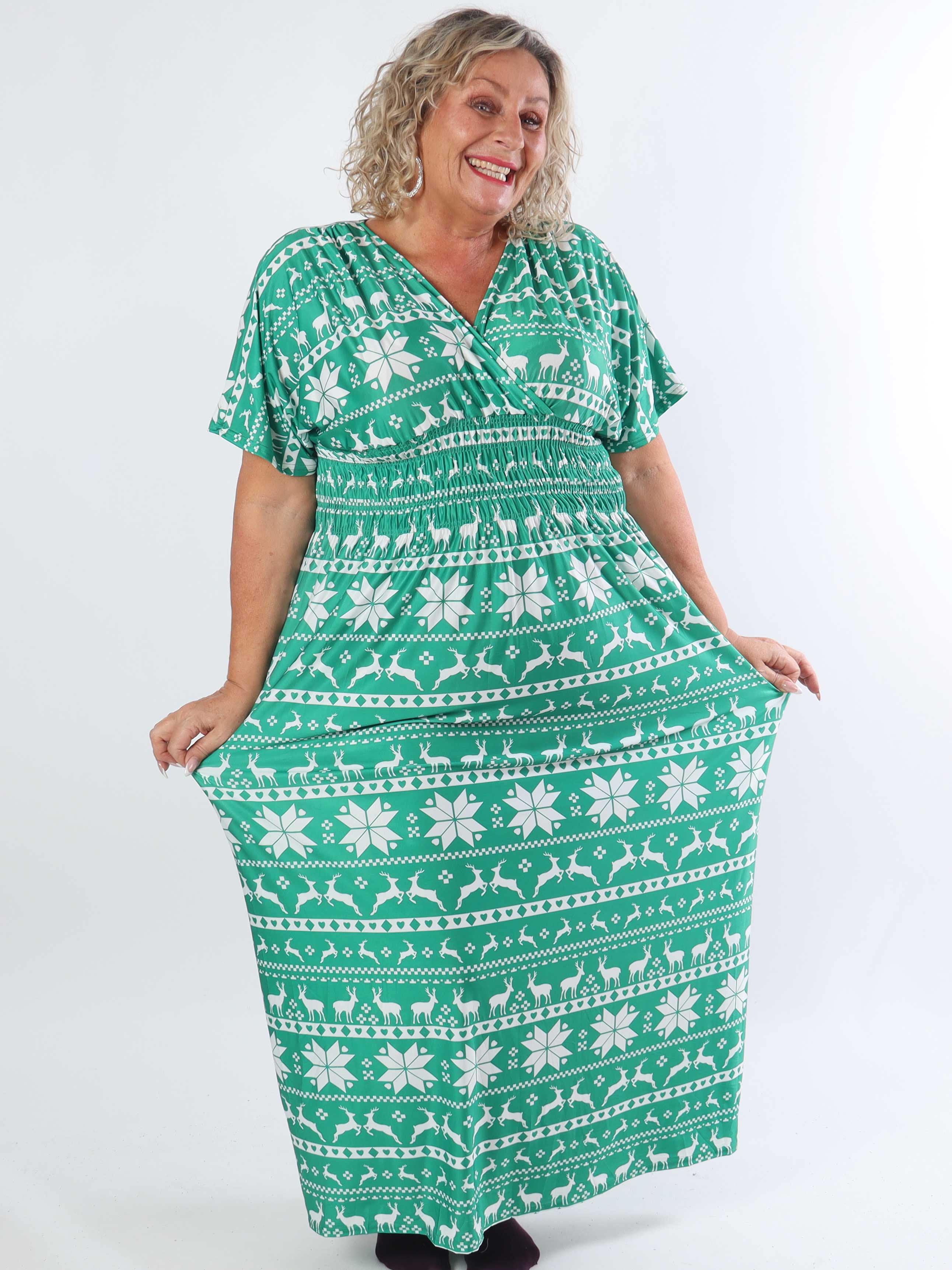 Pams Snow - Lang elastisk plus size kjole med juleprint