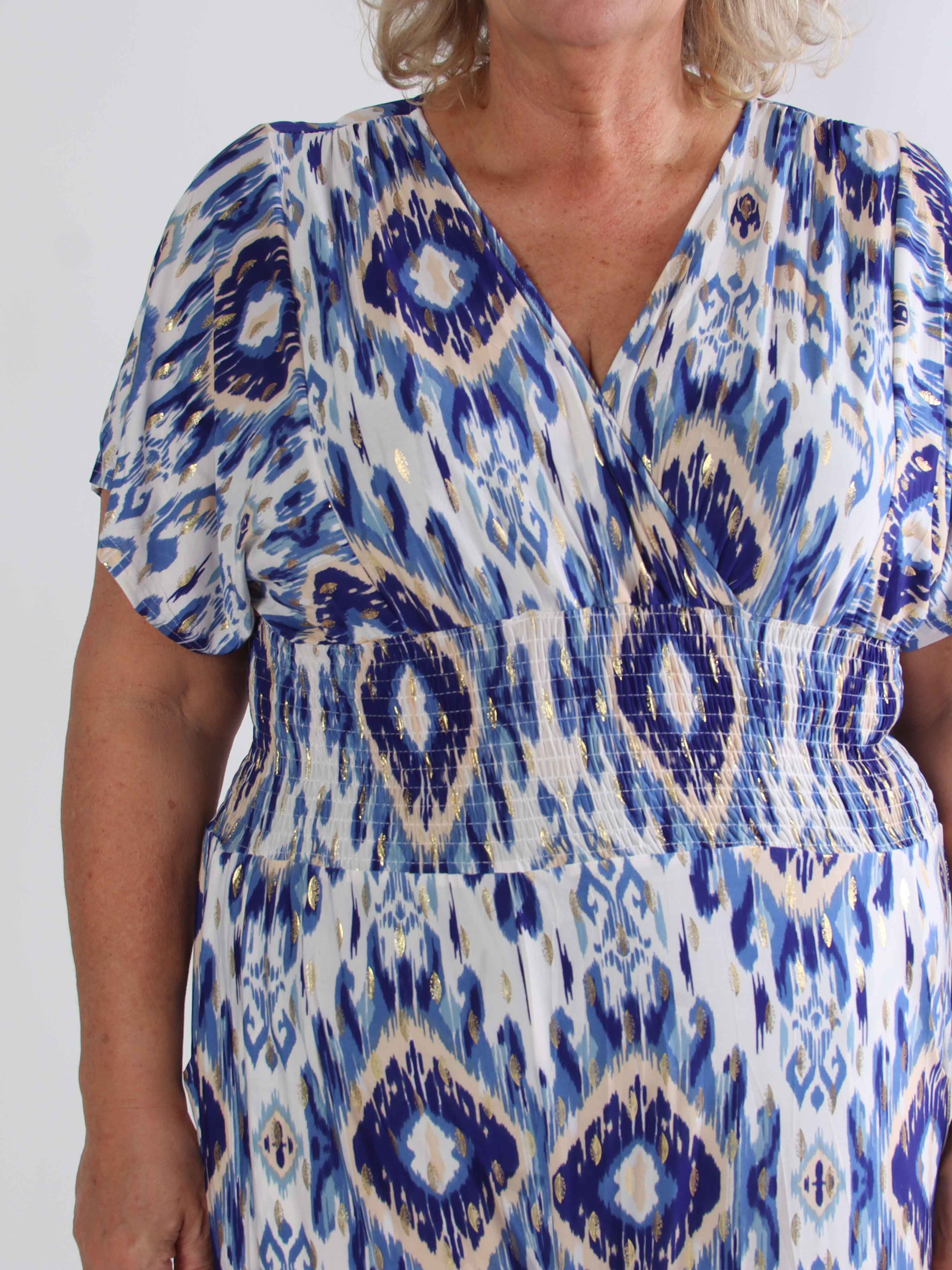 Pams Artsy Jumpsuit - Elastisk plus size mønstret buksedragt med guld dutter