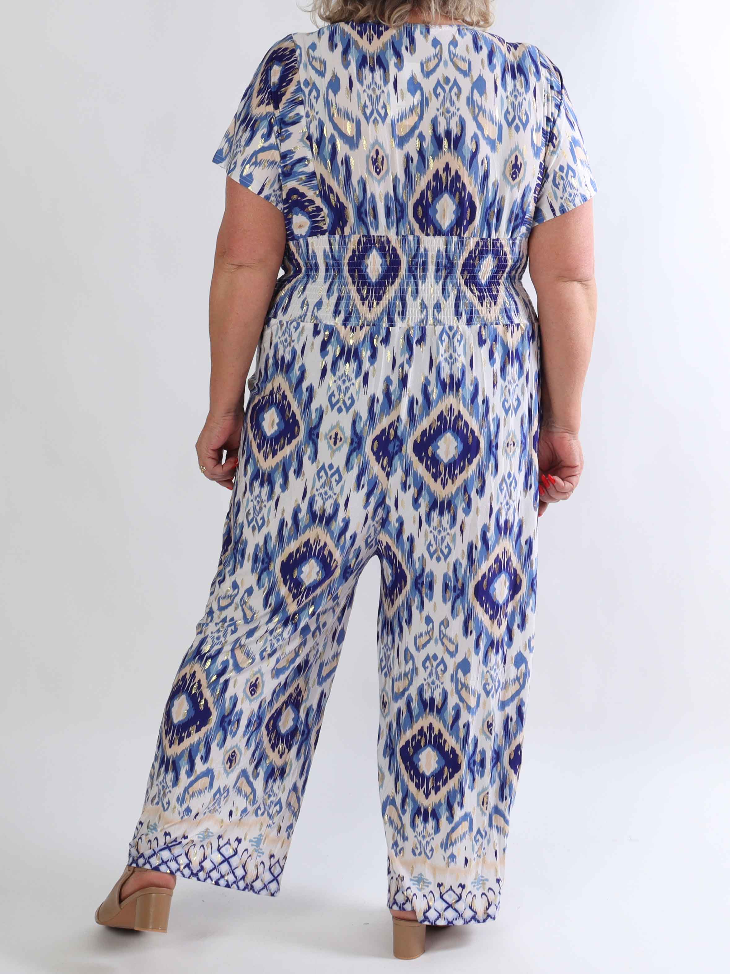 Pams Artsy Jumpsuit - Elastisk plus size mønstret buksedragt med guld dutter