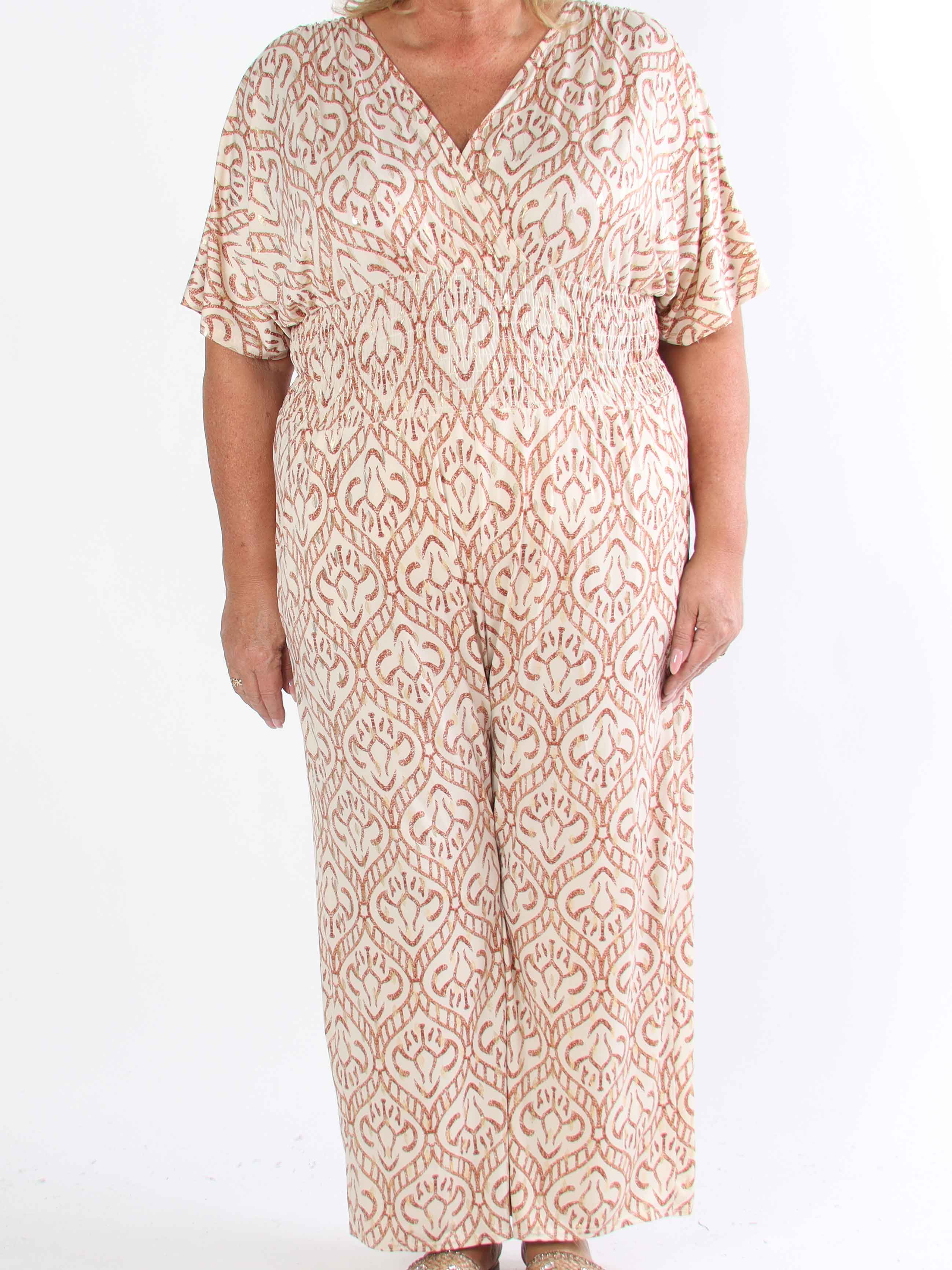 Pams Boho Jumpsuit - Elastisk plus size buksedragt med v-udskæring