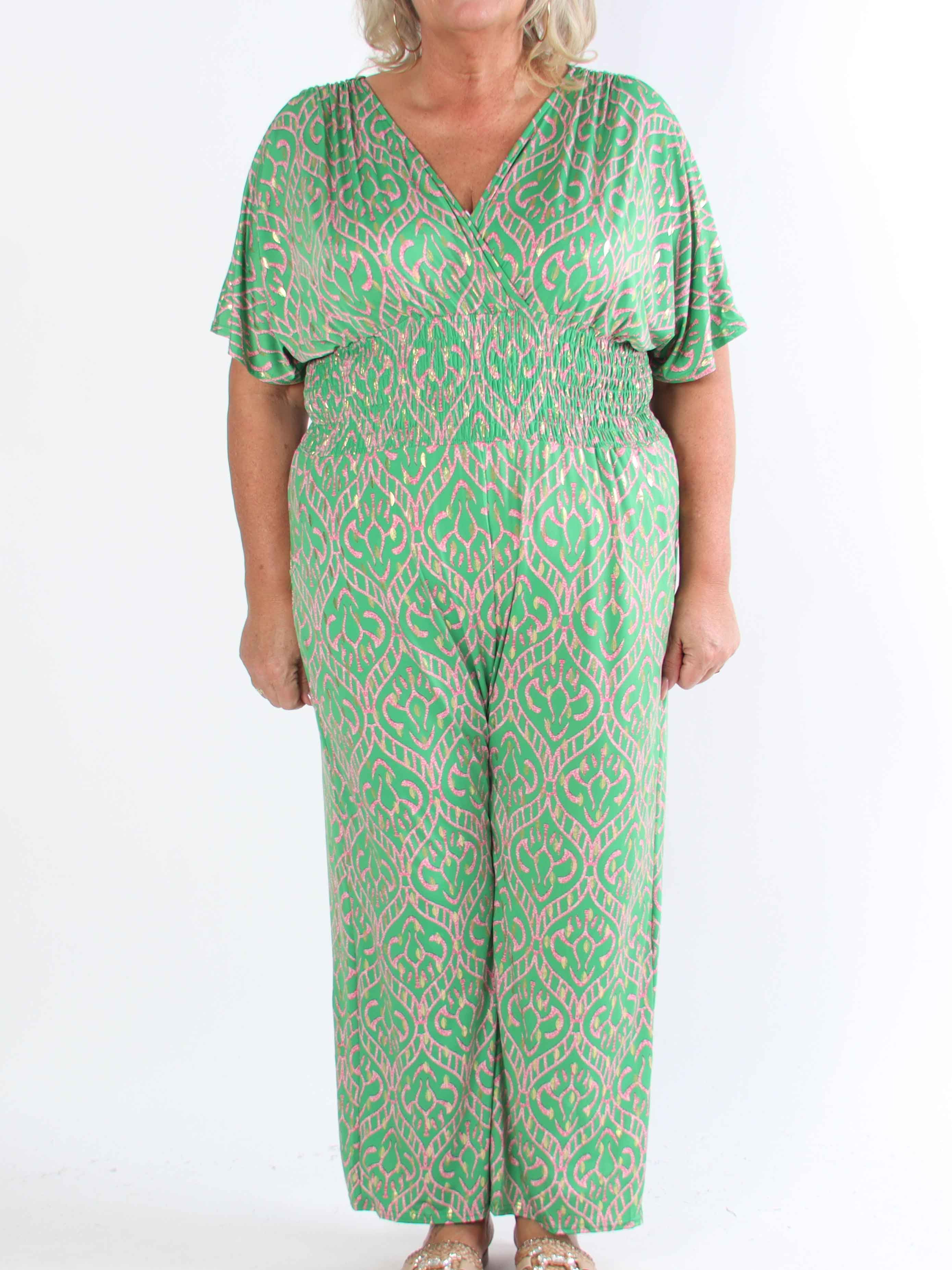 Pams Boho Jumpsuit - Elastisk plus size buksedragt med v-udskæring