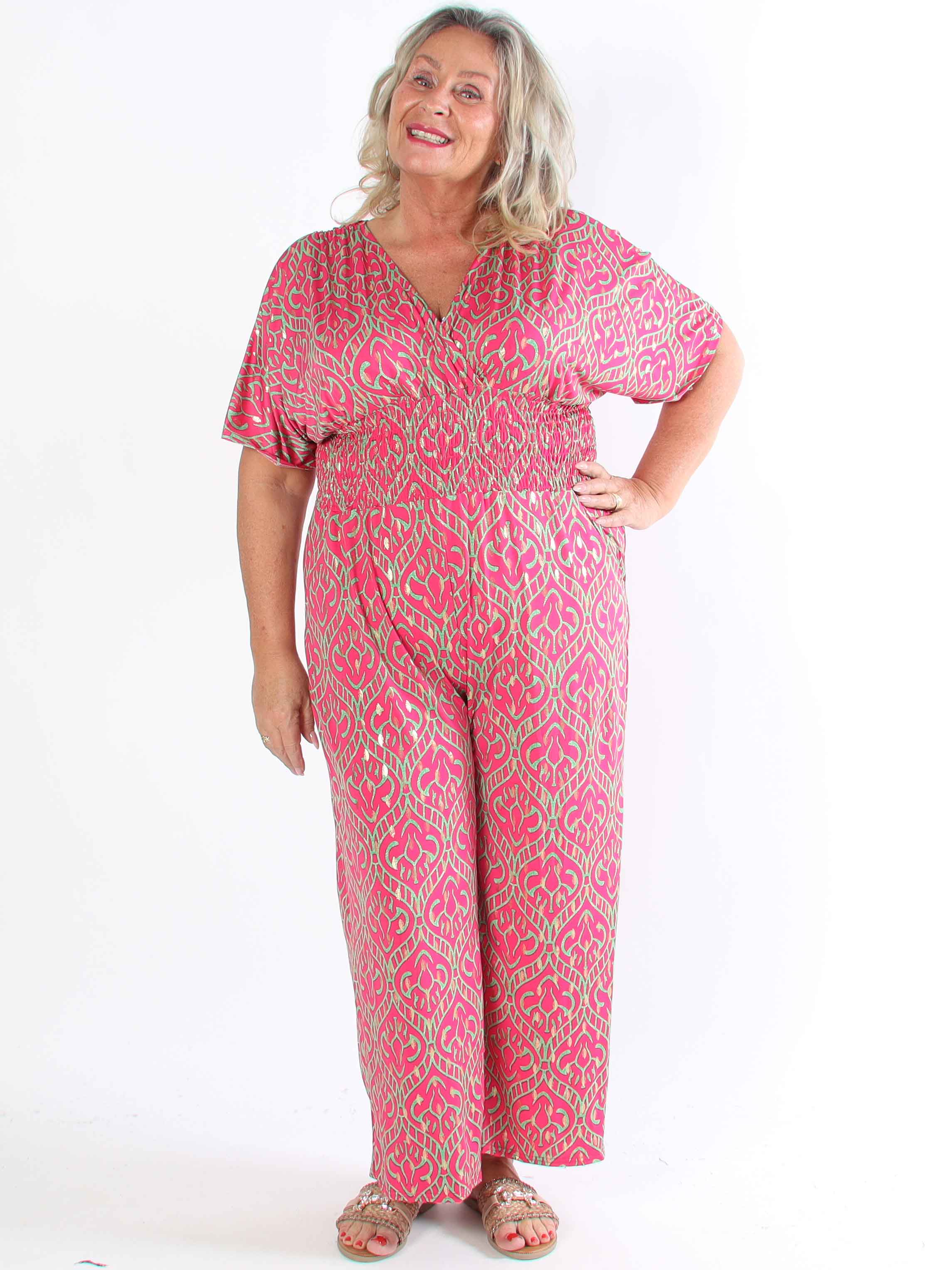 Pams Boho Jumpsuit - Elastisk plus size buksedragt med v-udskæring