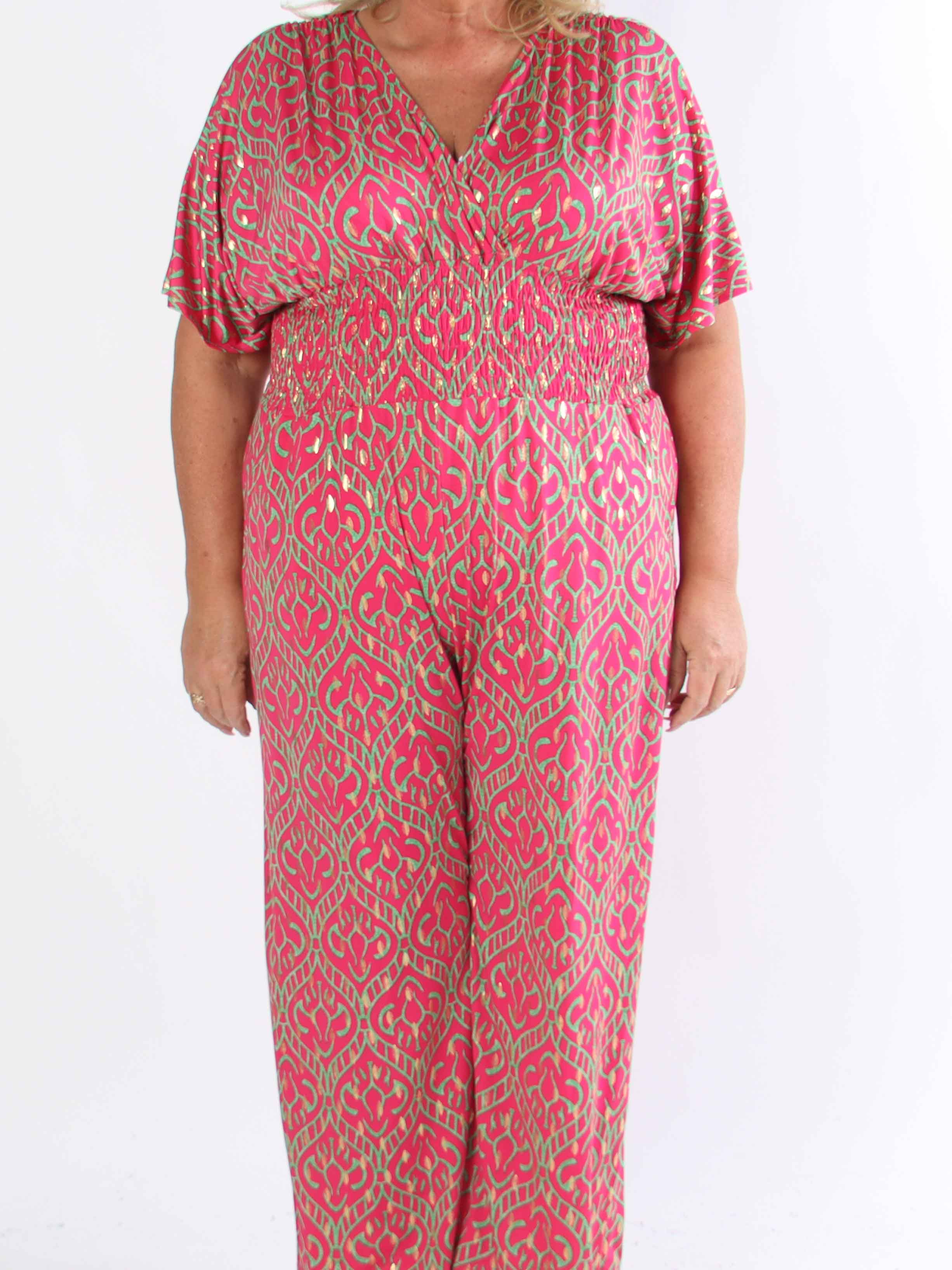 Pams Boho Jumpsuit - Elastisk plus size buksedragt med v-udskæring