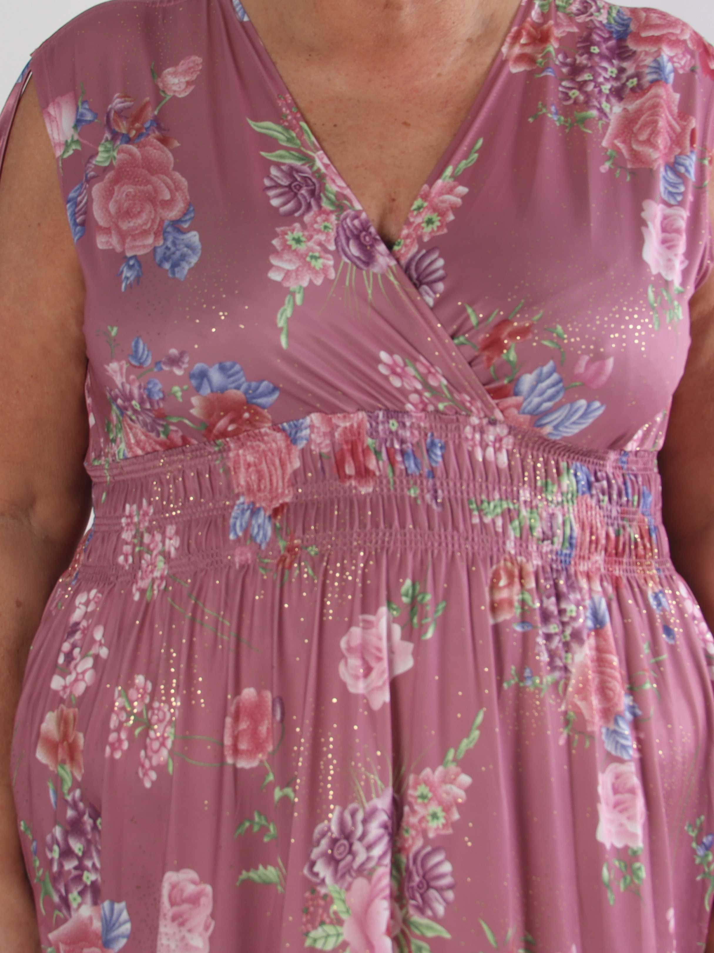 Pams Bouquet Short - Kort plus size kjole med blomster og guld støv