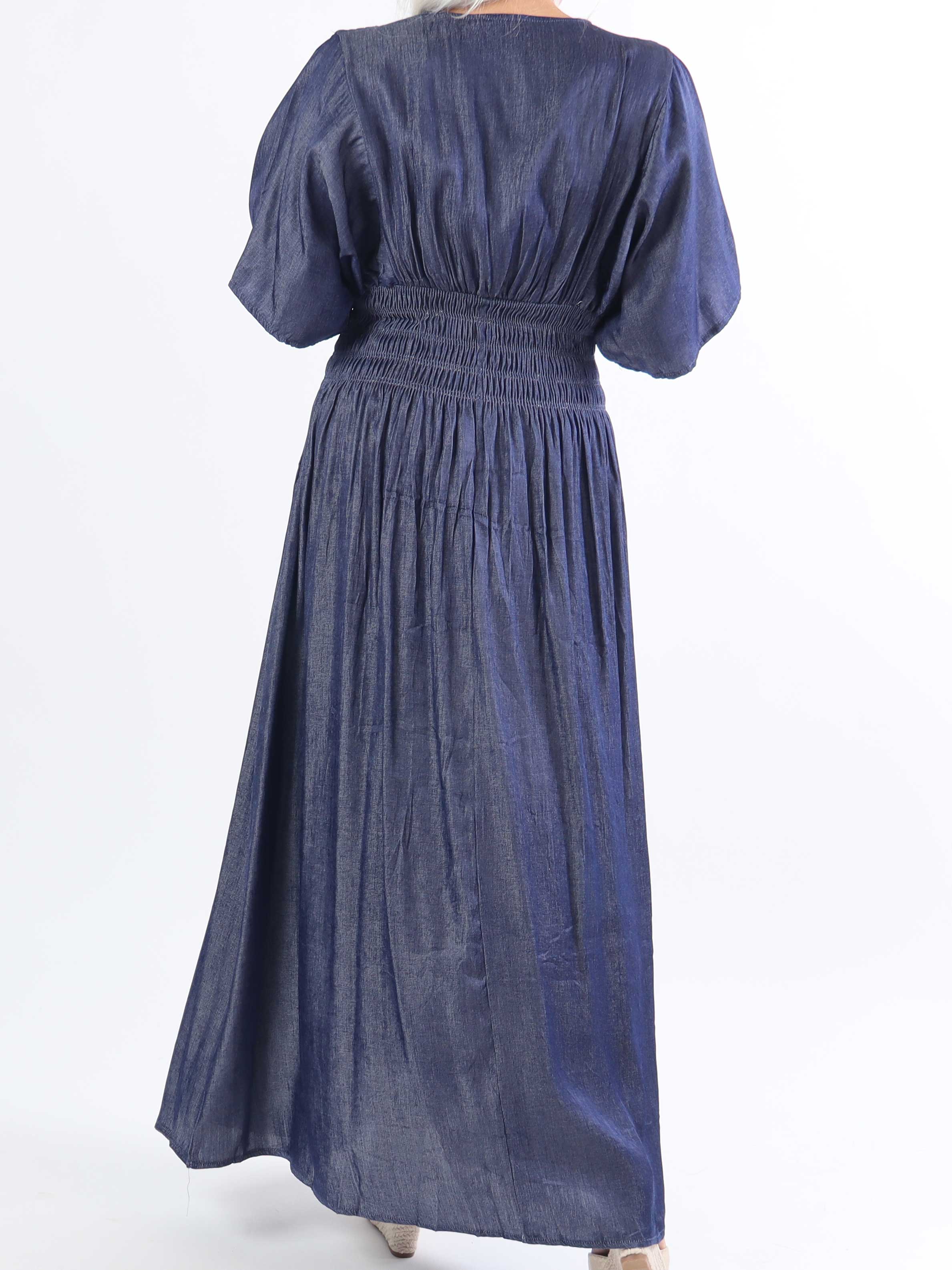 Pams Denim - Lang plus size kjole med smock under brystet