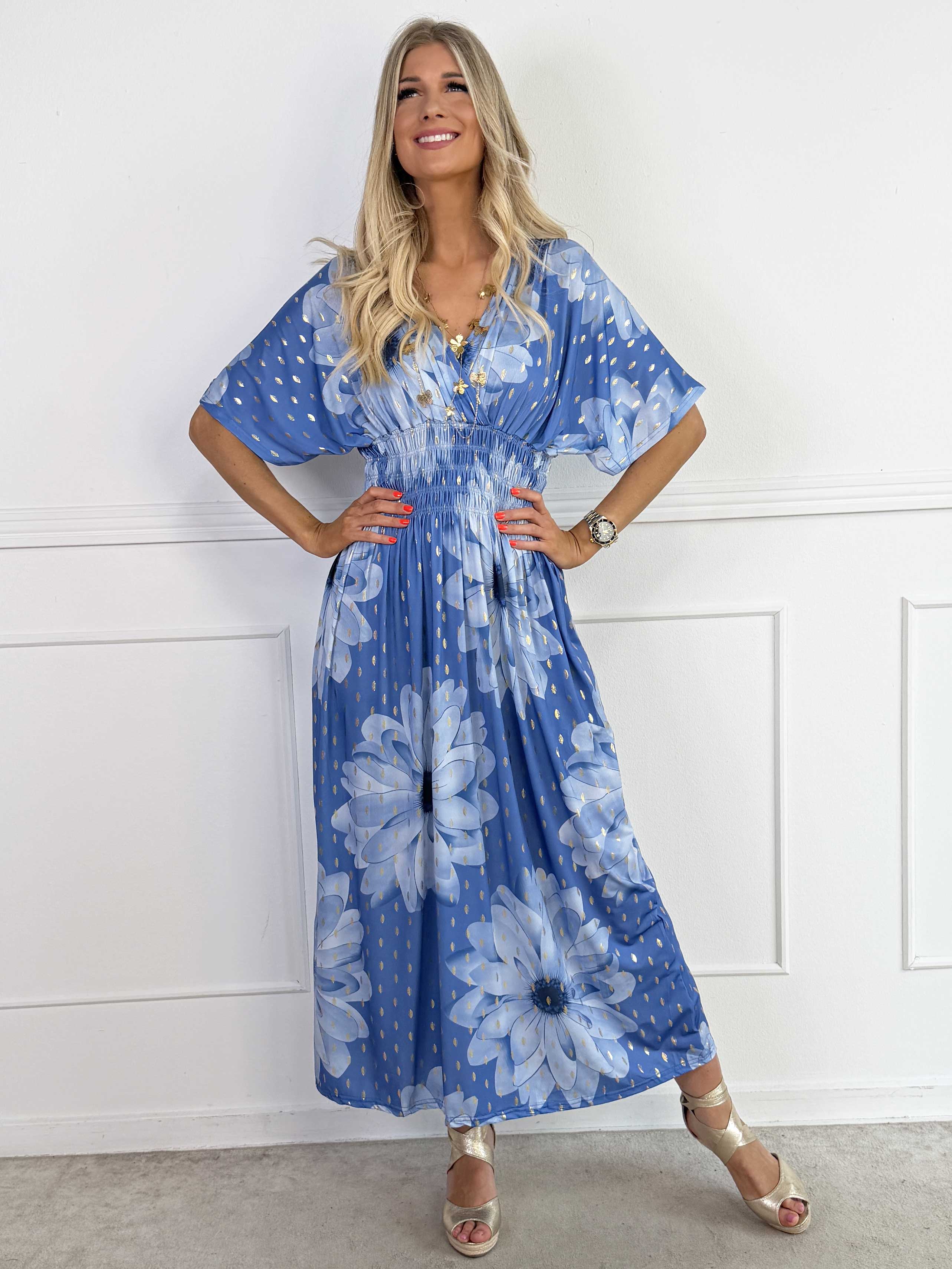 Pams Eden - Lang elastisk kjole med store blomster og guld dutter