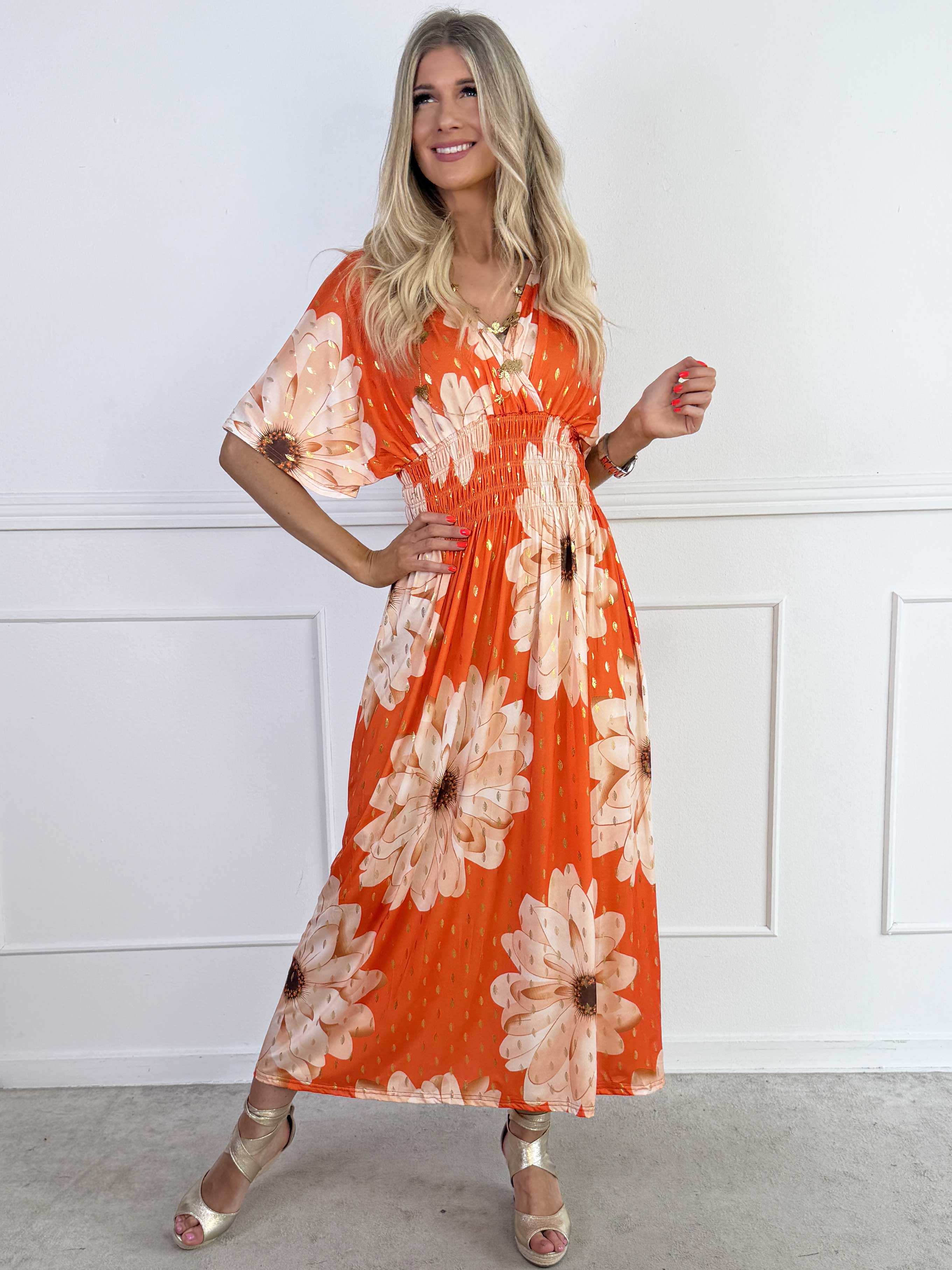 Pams Eden - Lang elastisk kjole med store blomster og guld dutter