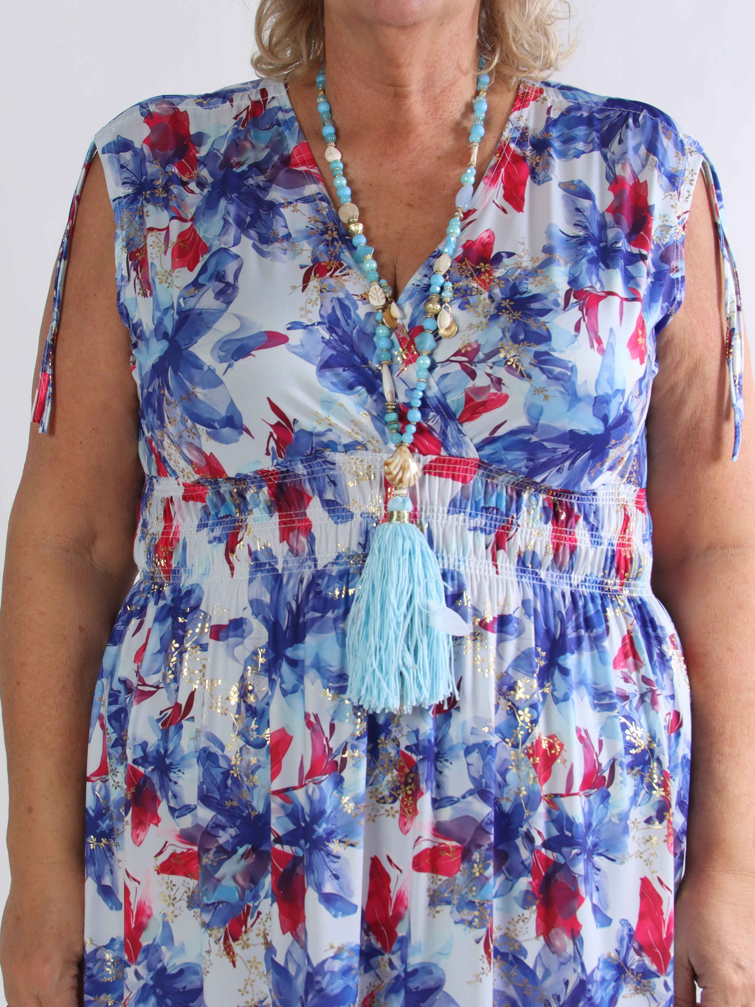 Pams Flourish Short - Elastisk blomstret plus size kjole med guld detaljer