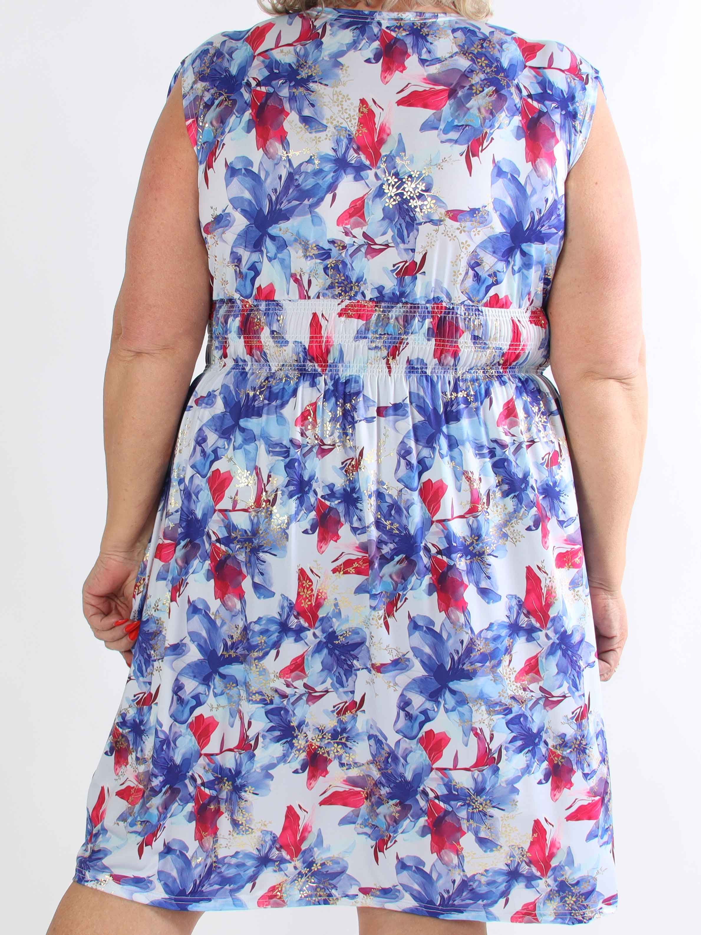 Pams Flourish Short - Elastisk blomstret plus size kjole med guld detaljer