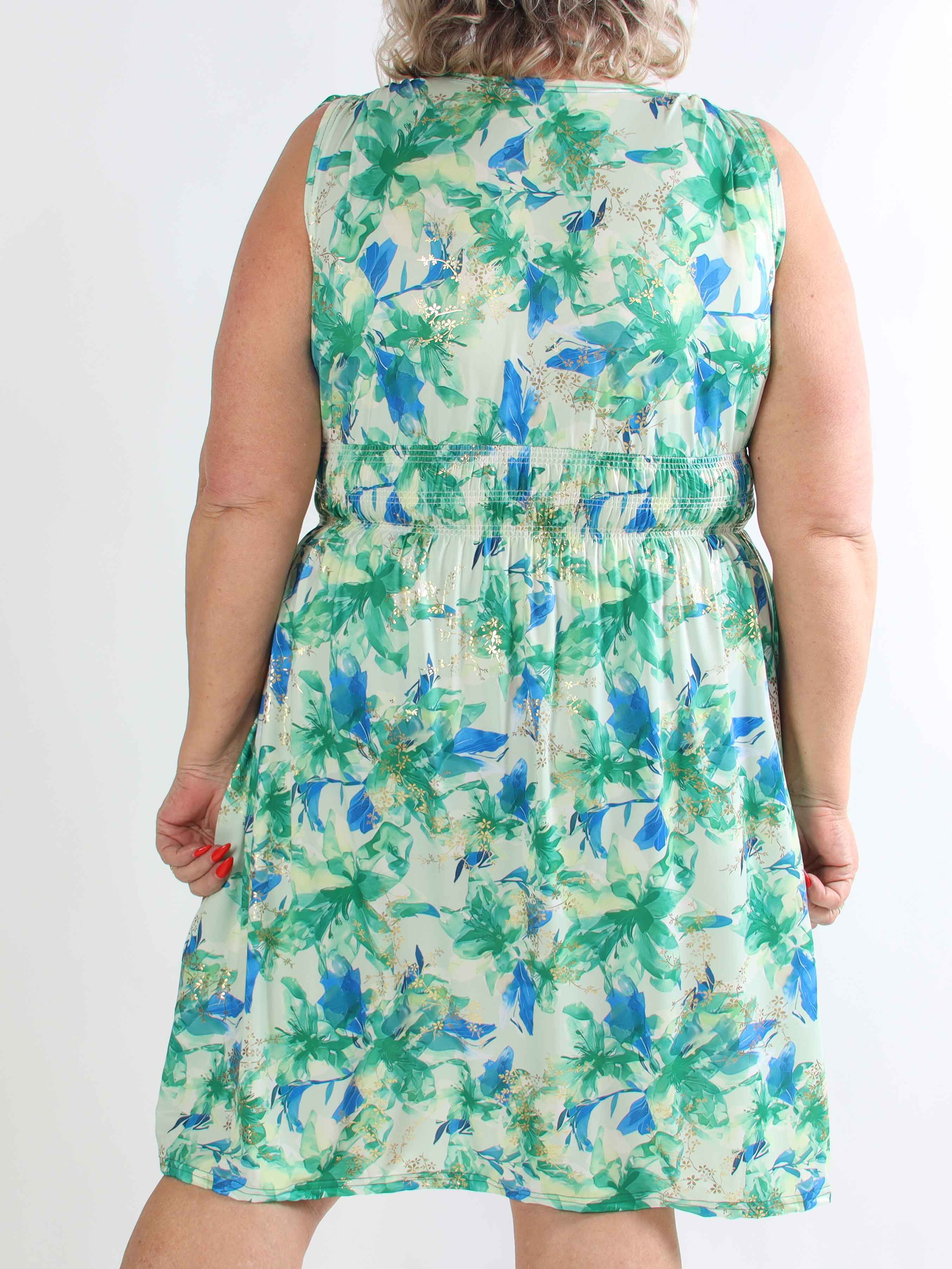 Pams Flourish Short - Elastisk blomstret plus size kjole med guld detaljer