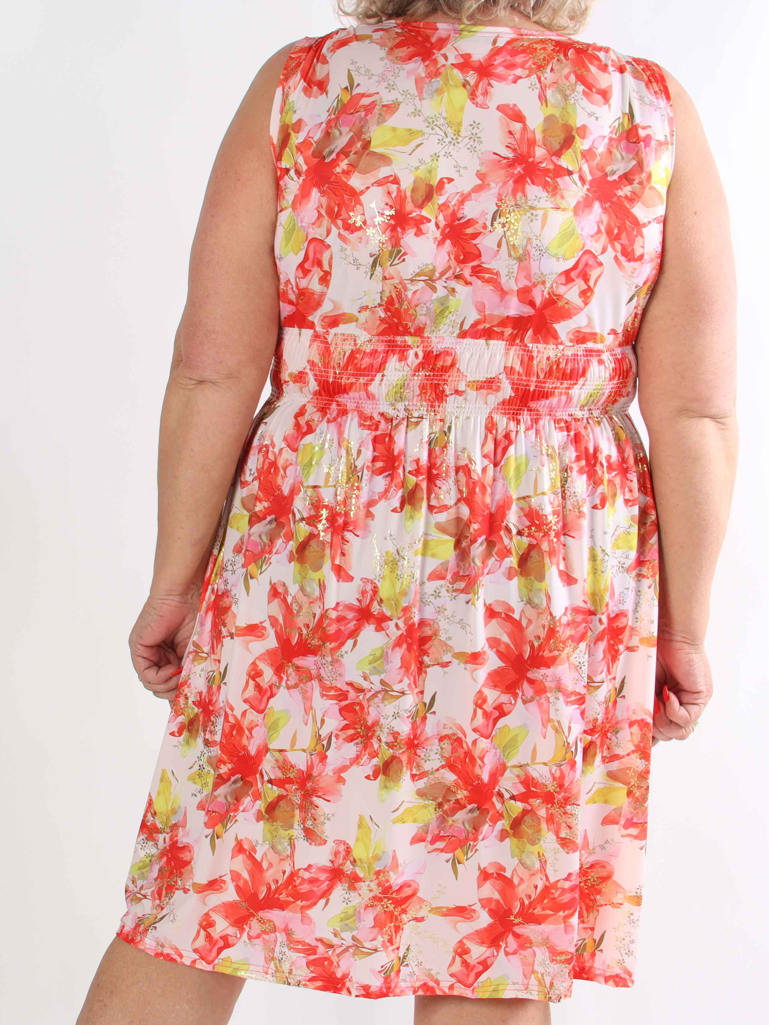 Pams Flourish Short - Elastisk blomstret plus size kjole med guld detaljer