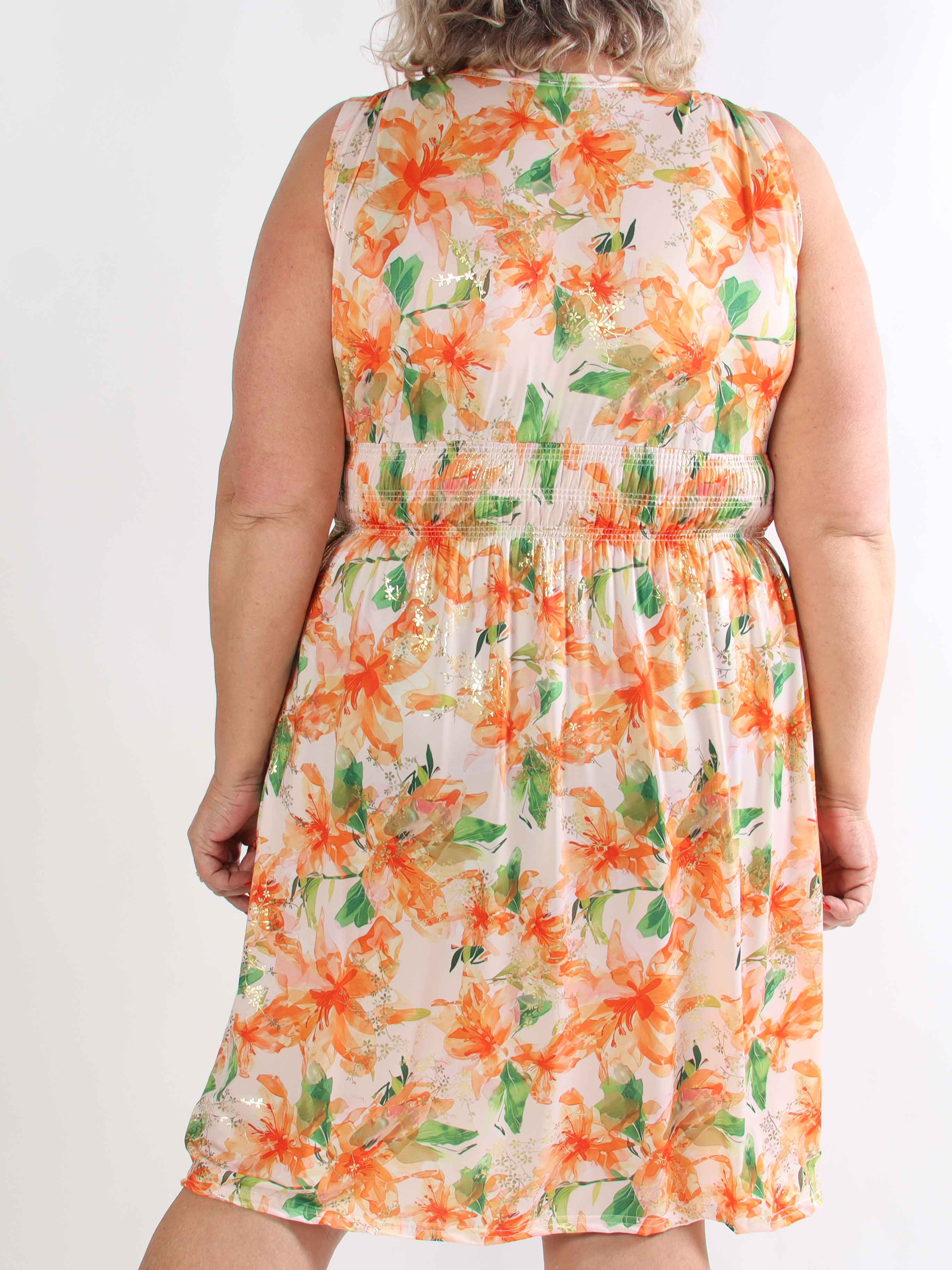 Pams Flourish Short - Elastisk blomstret plus size kjole med guld detaljer
