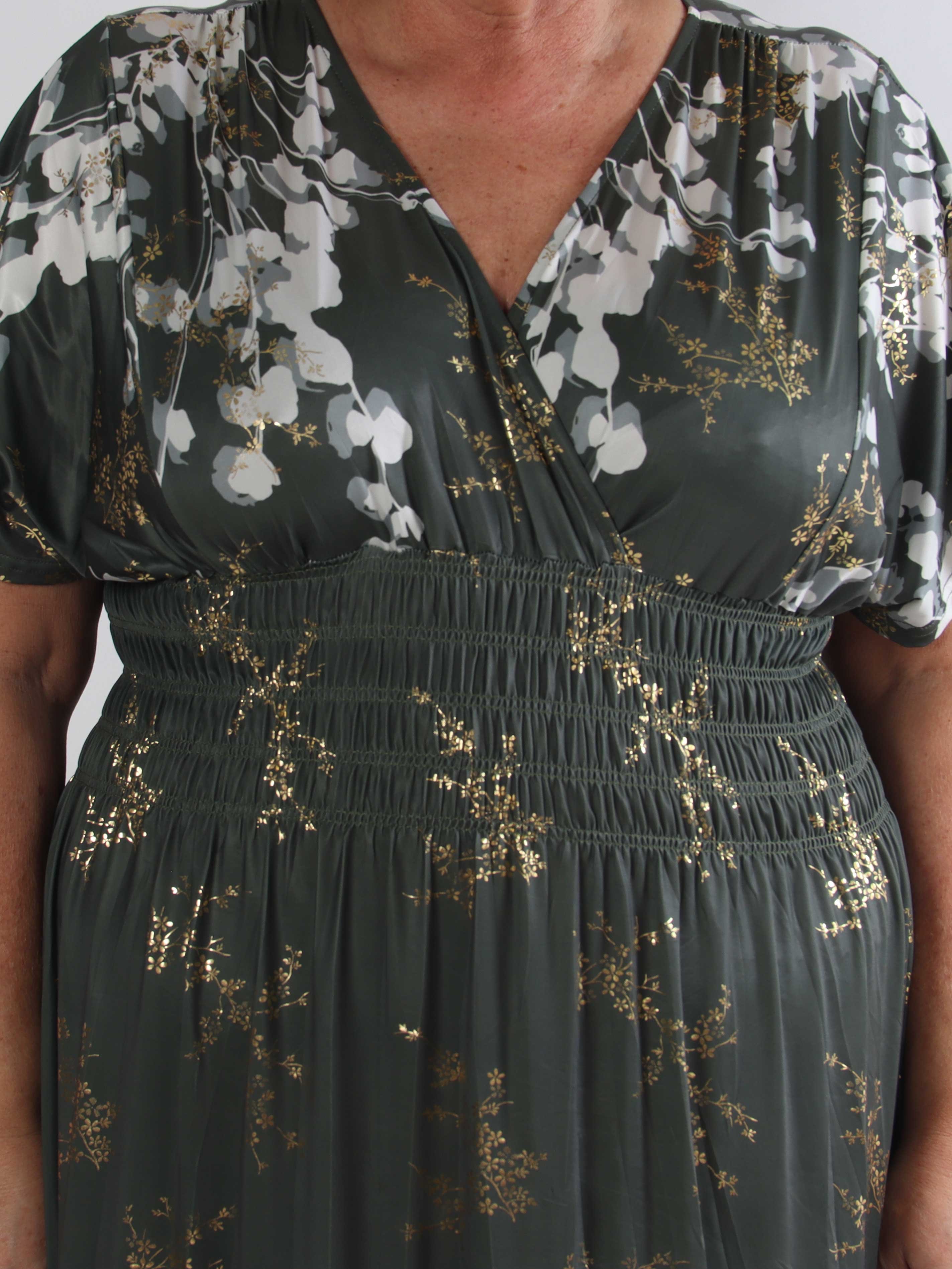 Pams Gilded Midi - Plus size kjole med blomsterprint og guld blade
