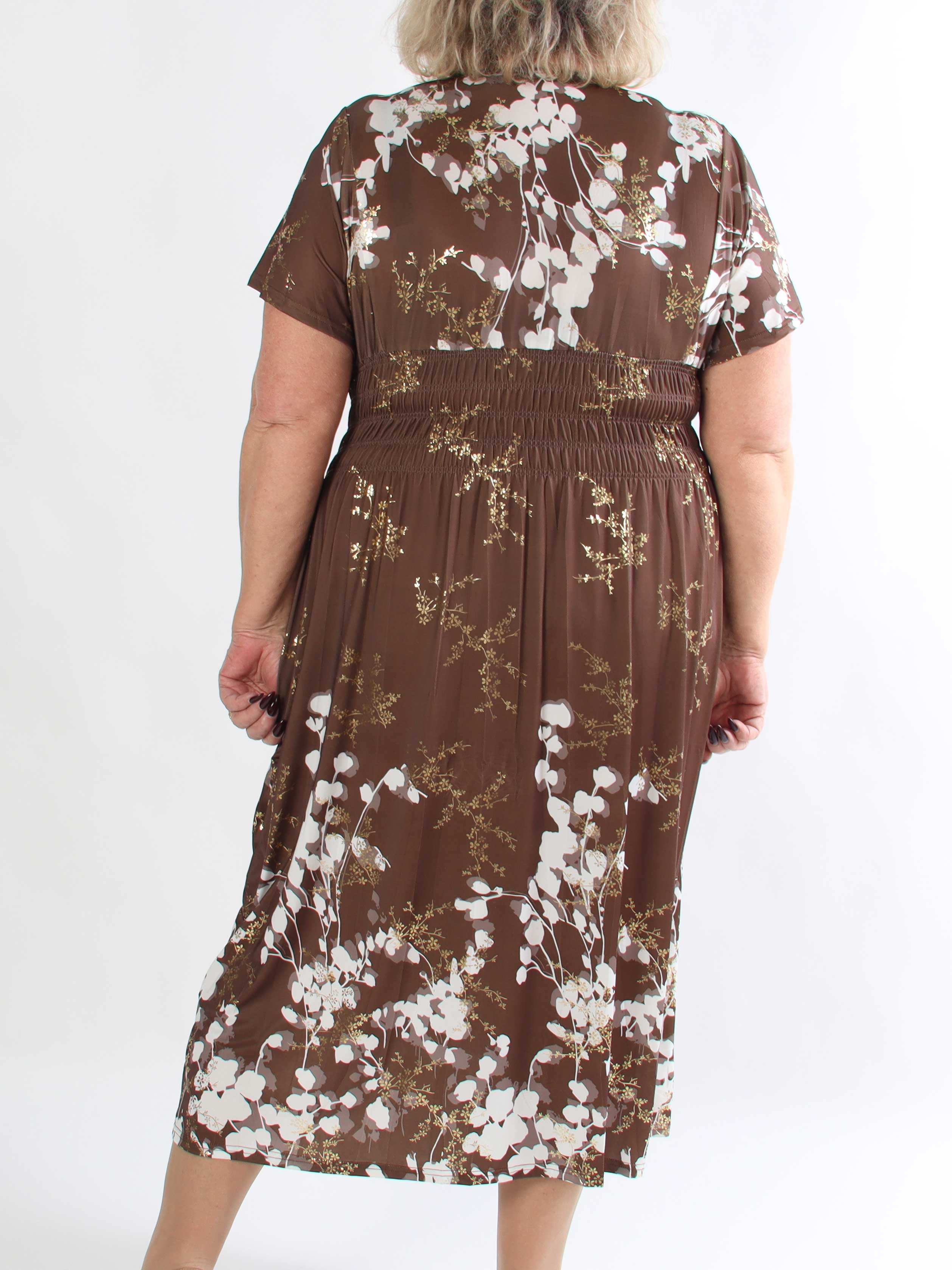 Pams Gilded Midi - Plus size kjole med blomsterprint og guld blade
