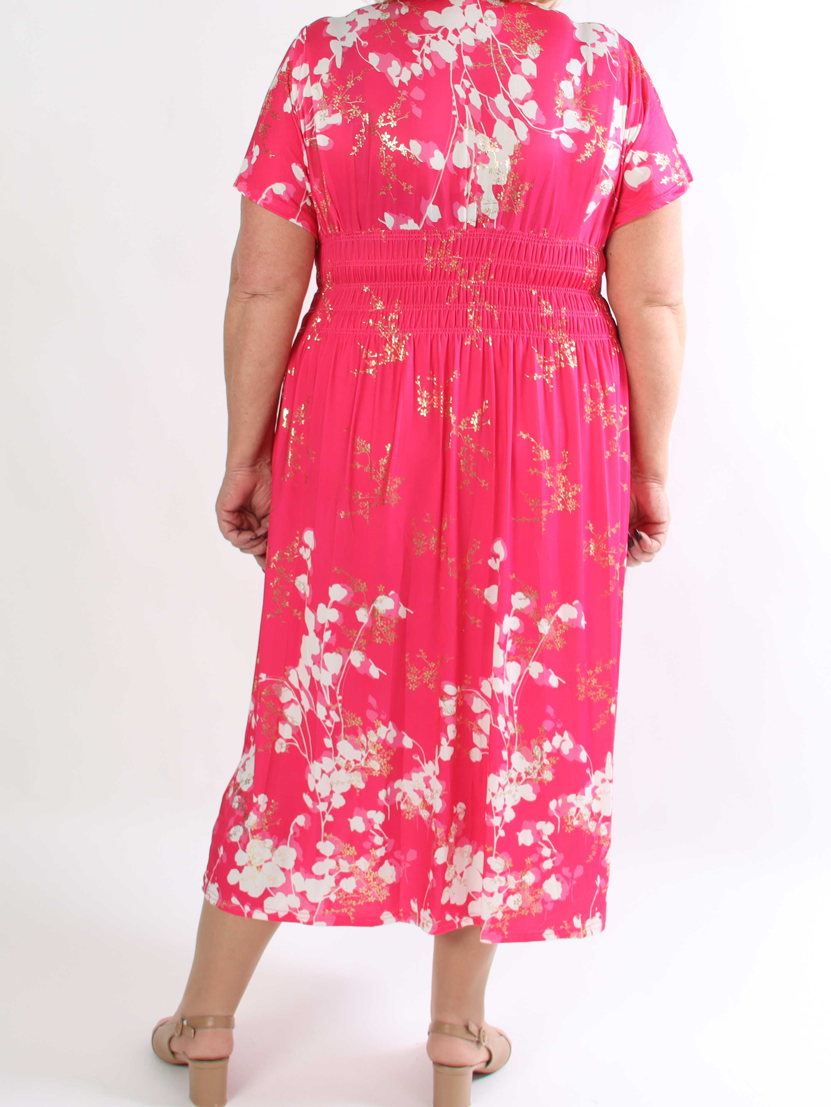 Pams Gilded Midi - Plus size kjole med blomsterprint og guld blade