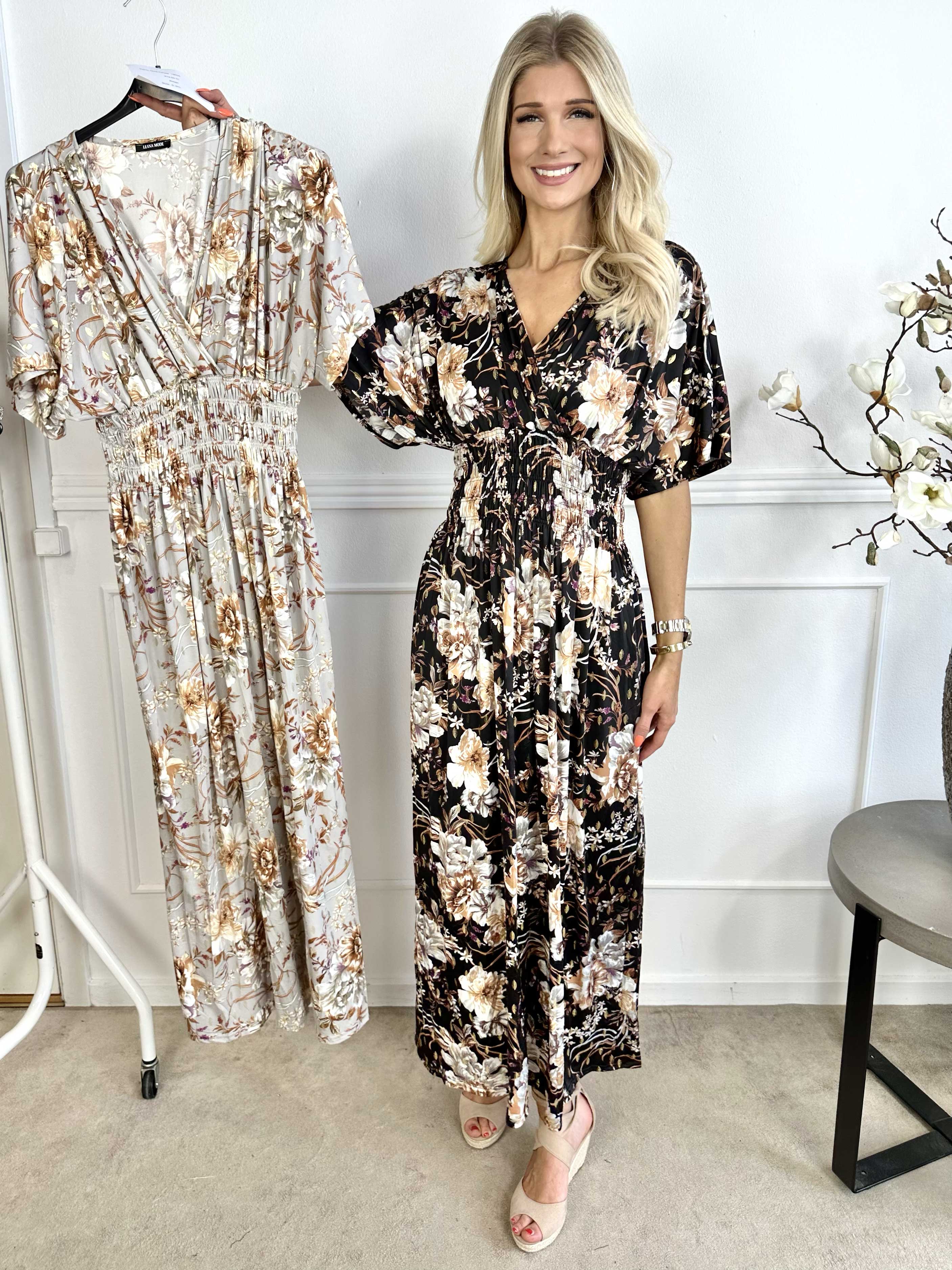 Pams Gold Flower - Lang elastisk kjole i krølfrit stof