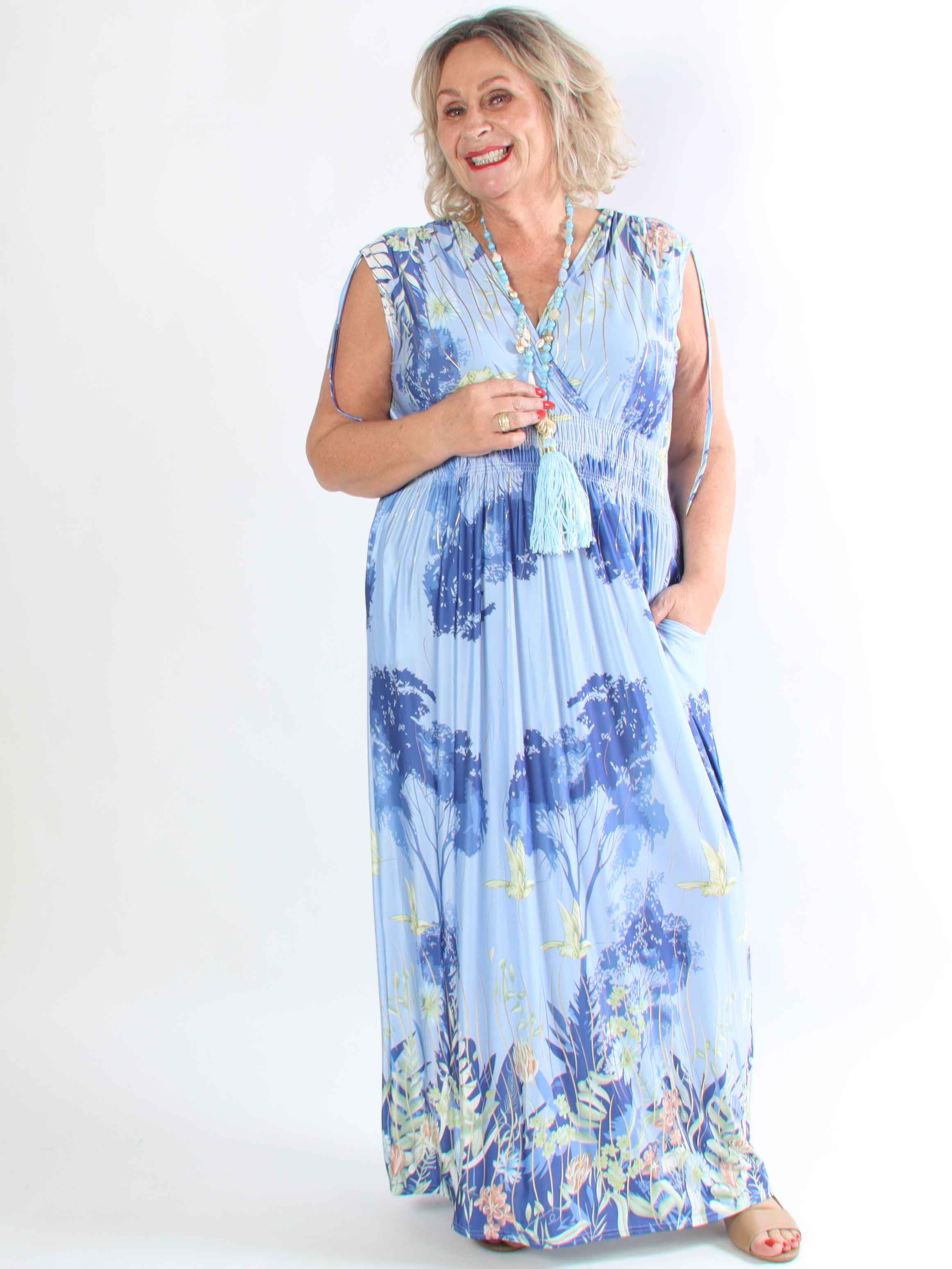 Pams Hummingbird Sleeveless - Elastisk plus size kjole med blomster og fugle motiver