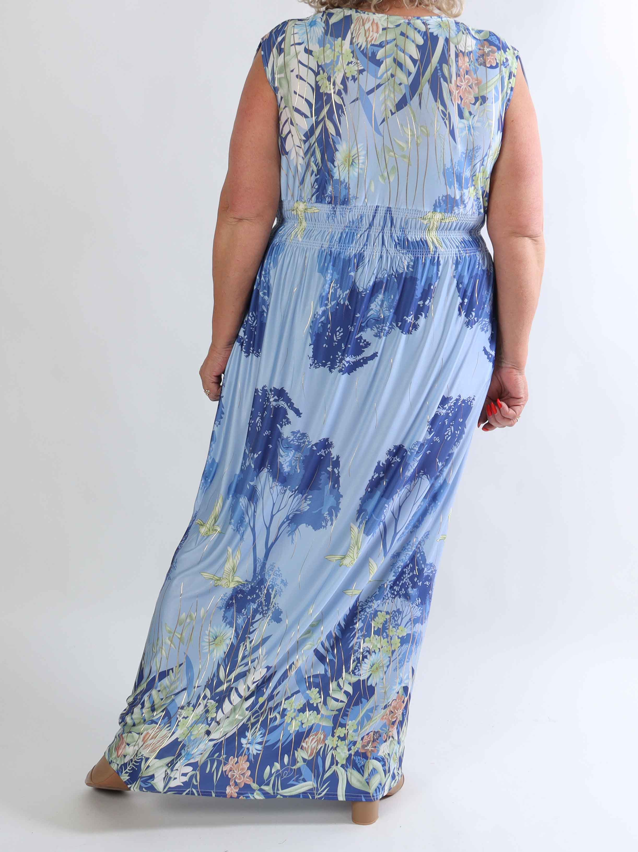Pams Hummingbird Sleeveless - Elastisk plus size kjole med blomster og fugle motiver