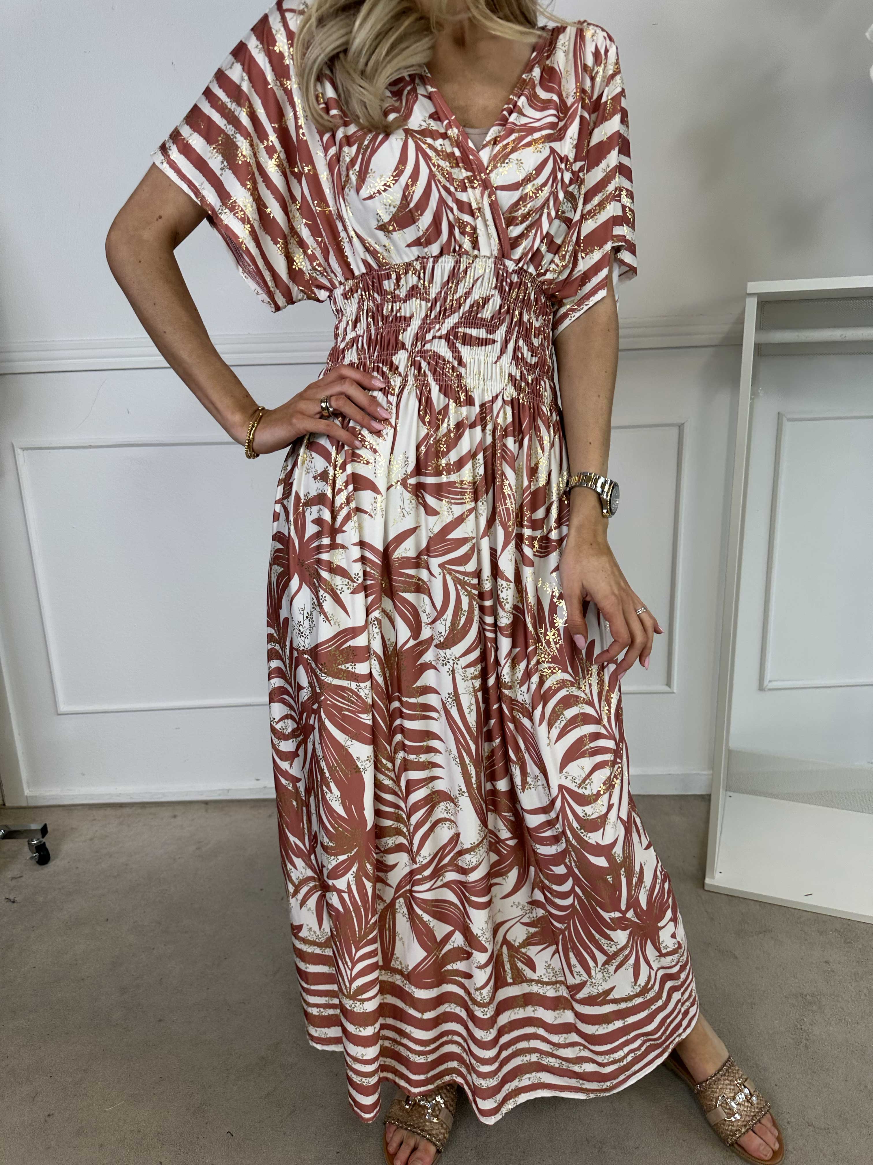 Pams Palm - Lang elastisk kjole med palmeblade og smock i livet