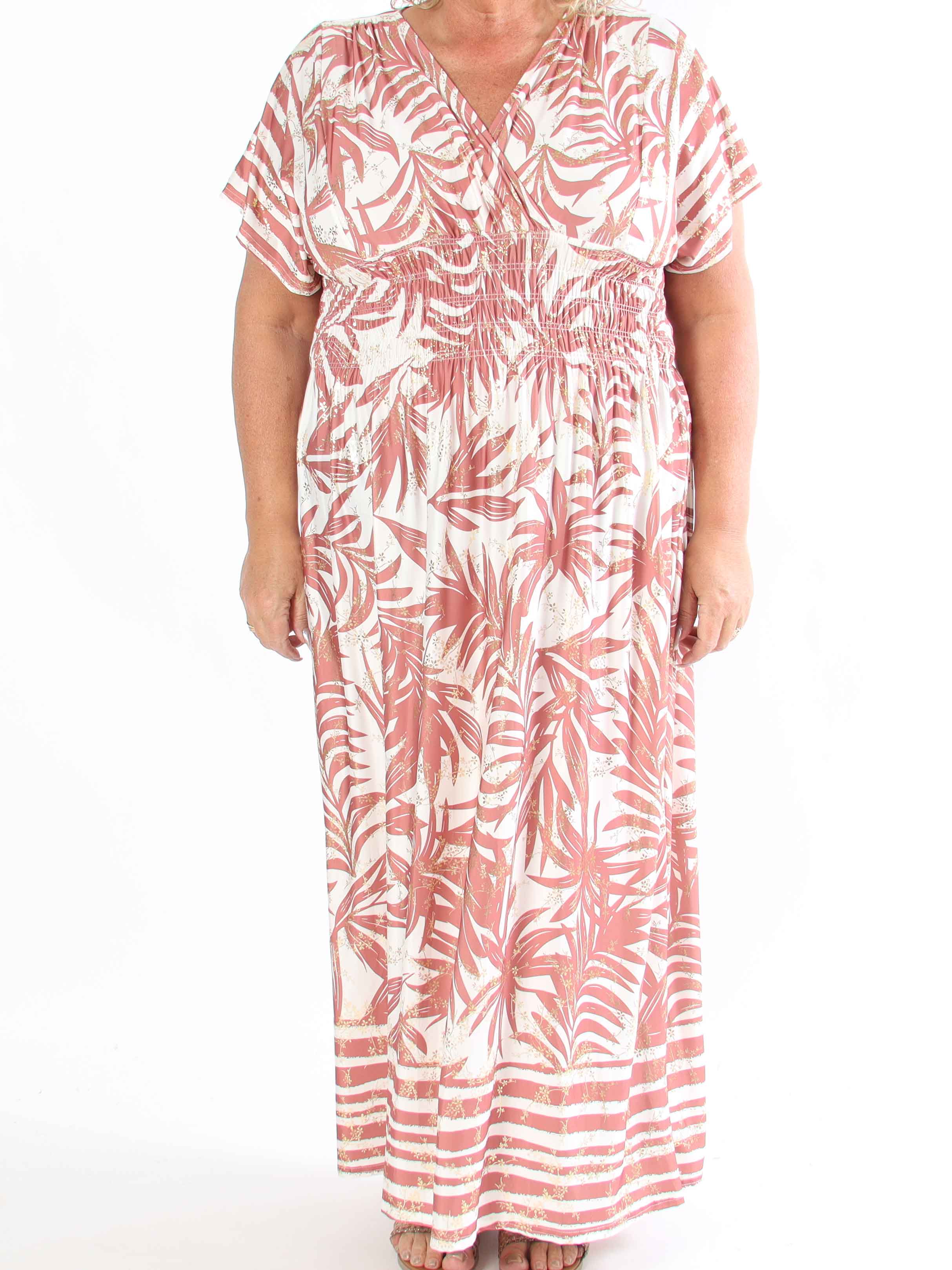 Pams Palm - Lang plus size kjole med palmeblade og smock i livet