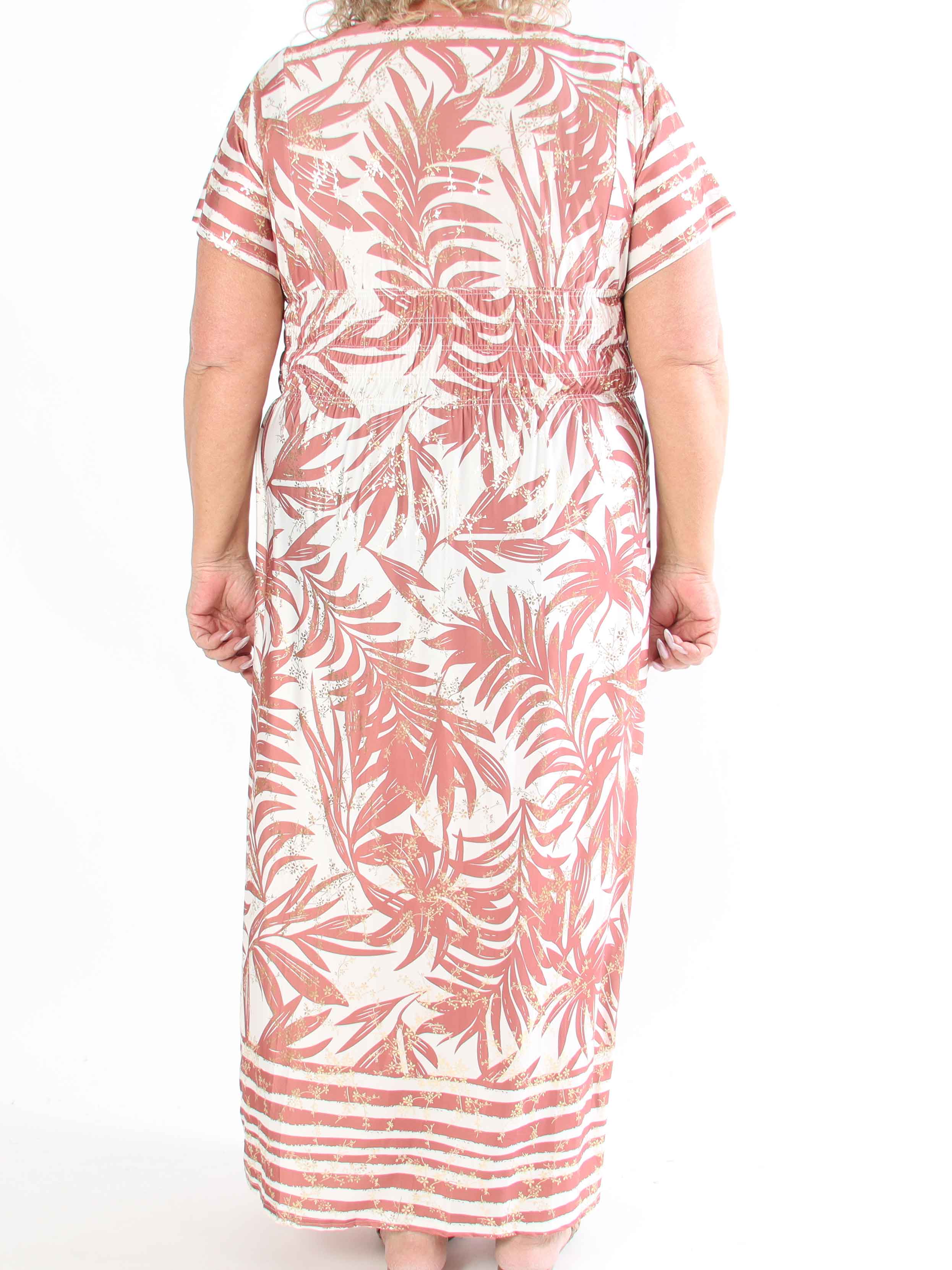 Pams Palm - Lang plus size kjole med palmeblade og smock i livet