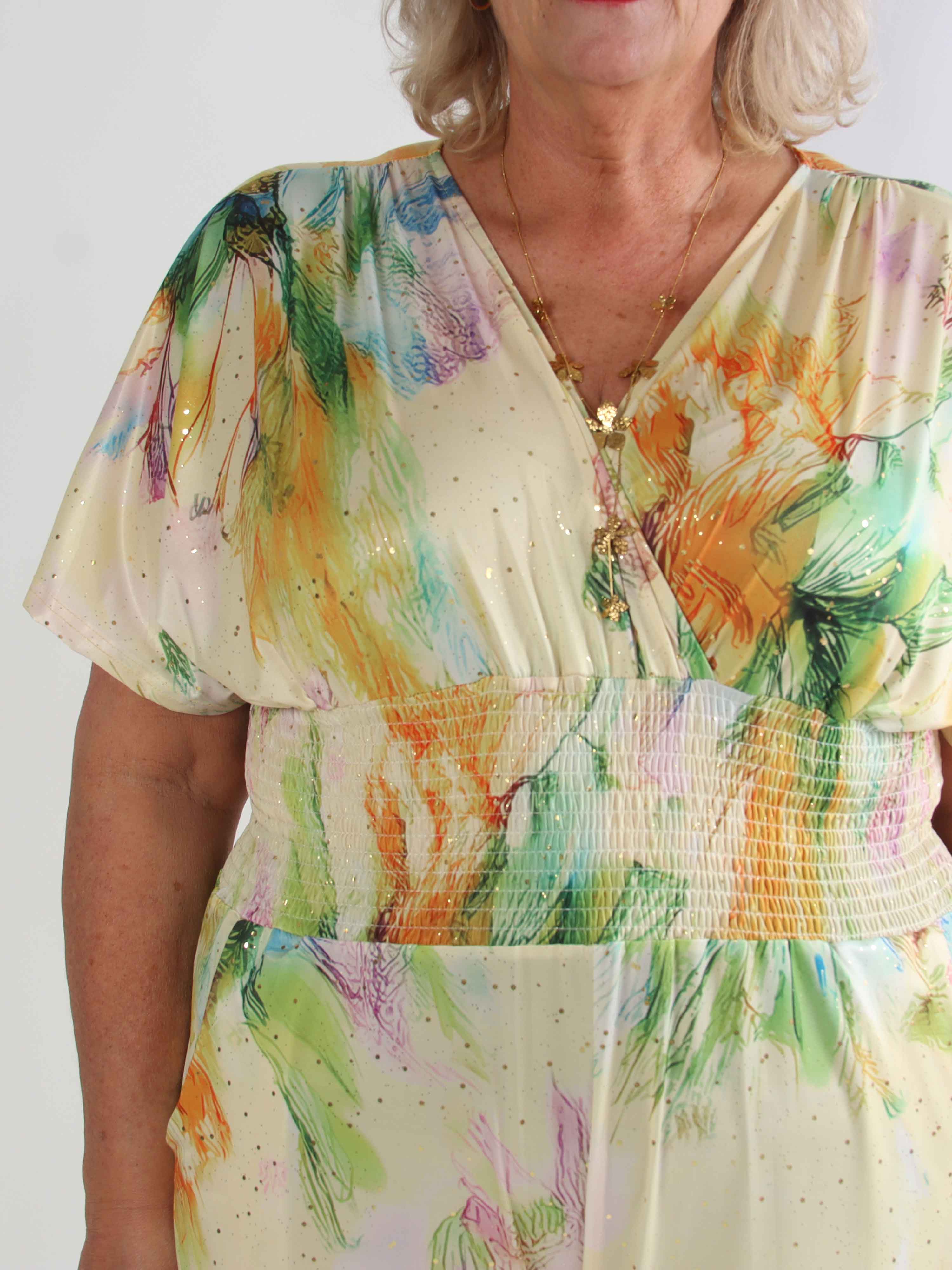 Pams Print Jumpsuit - Elastisk mønstret plus size buksedragt med guld støv