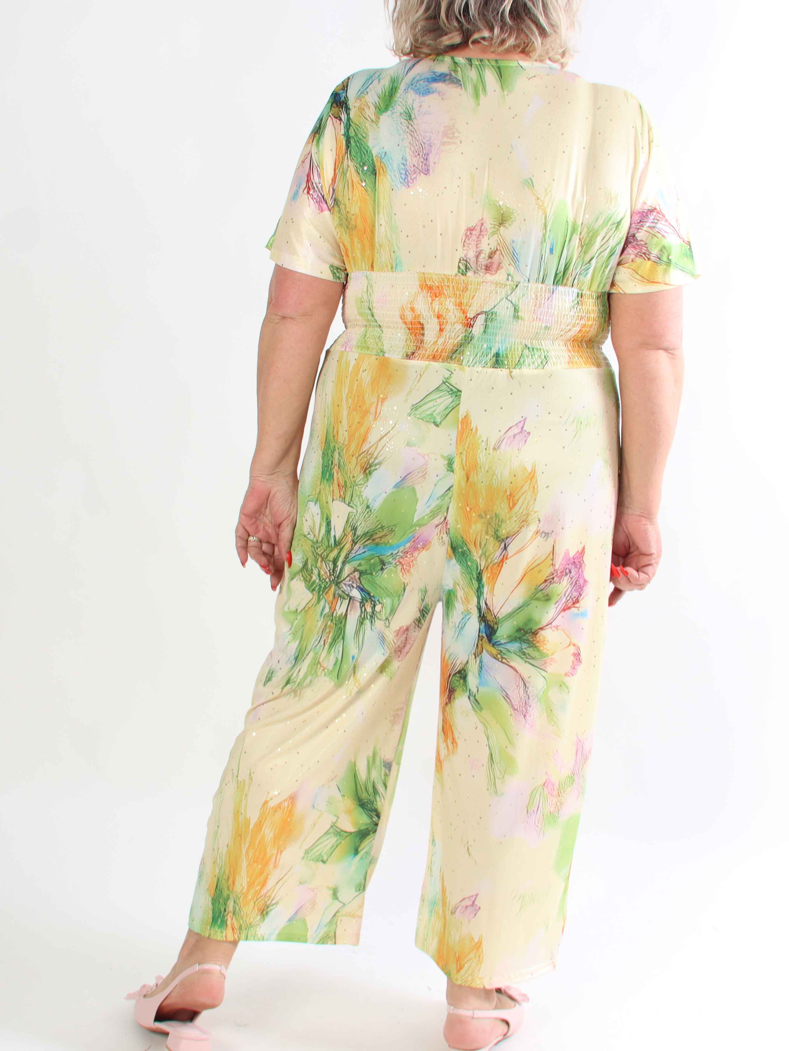 Pams Print Jumpsuit - Elastisk mønstret plus size buksedragt med guld støv