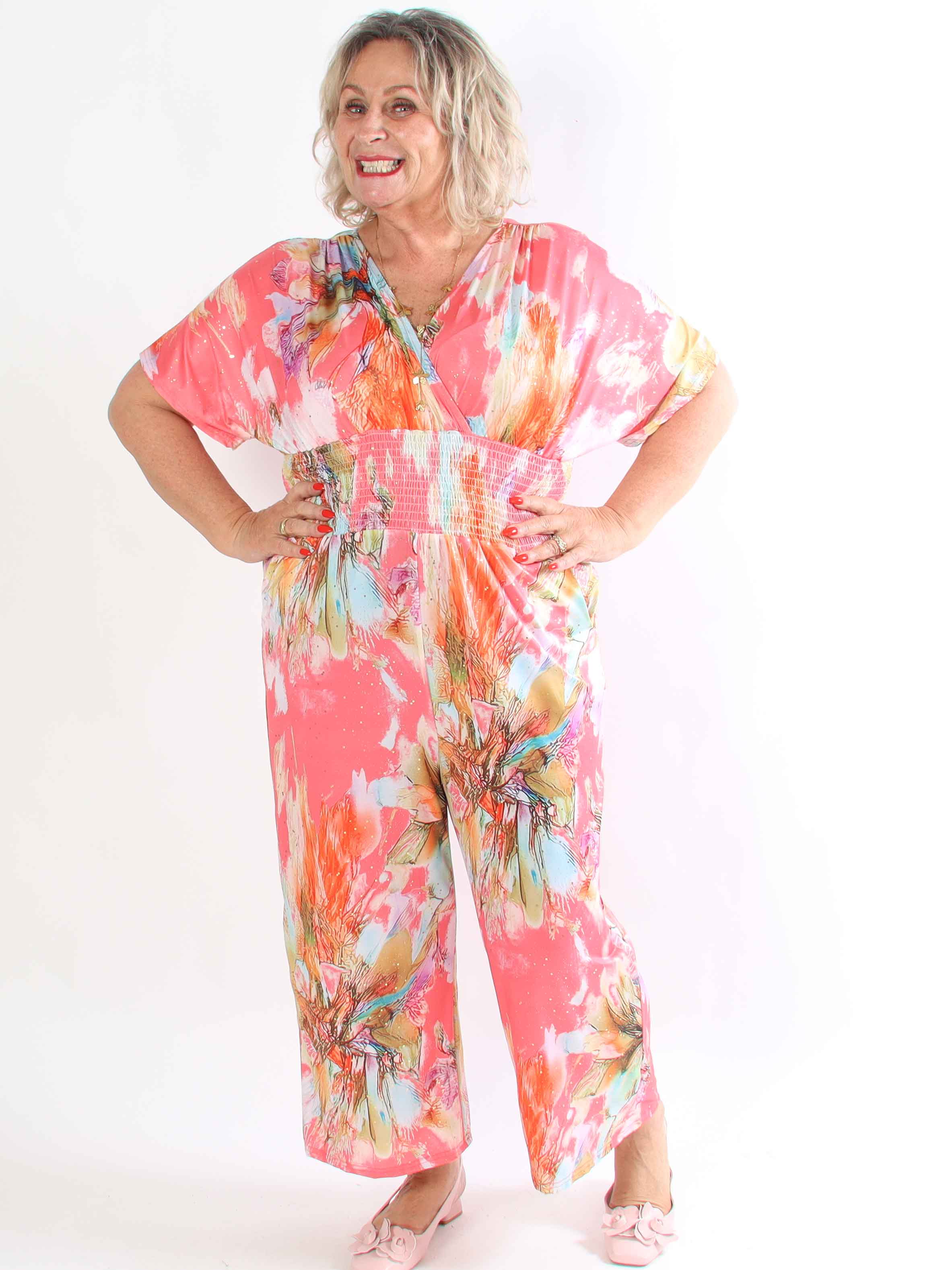 Pams Print Jumpsuit - Elastisk mønstret plus size buksedragt med guld støv