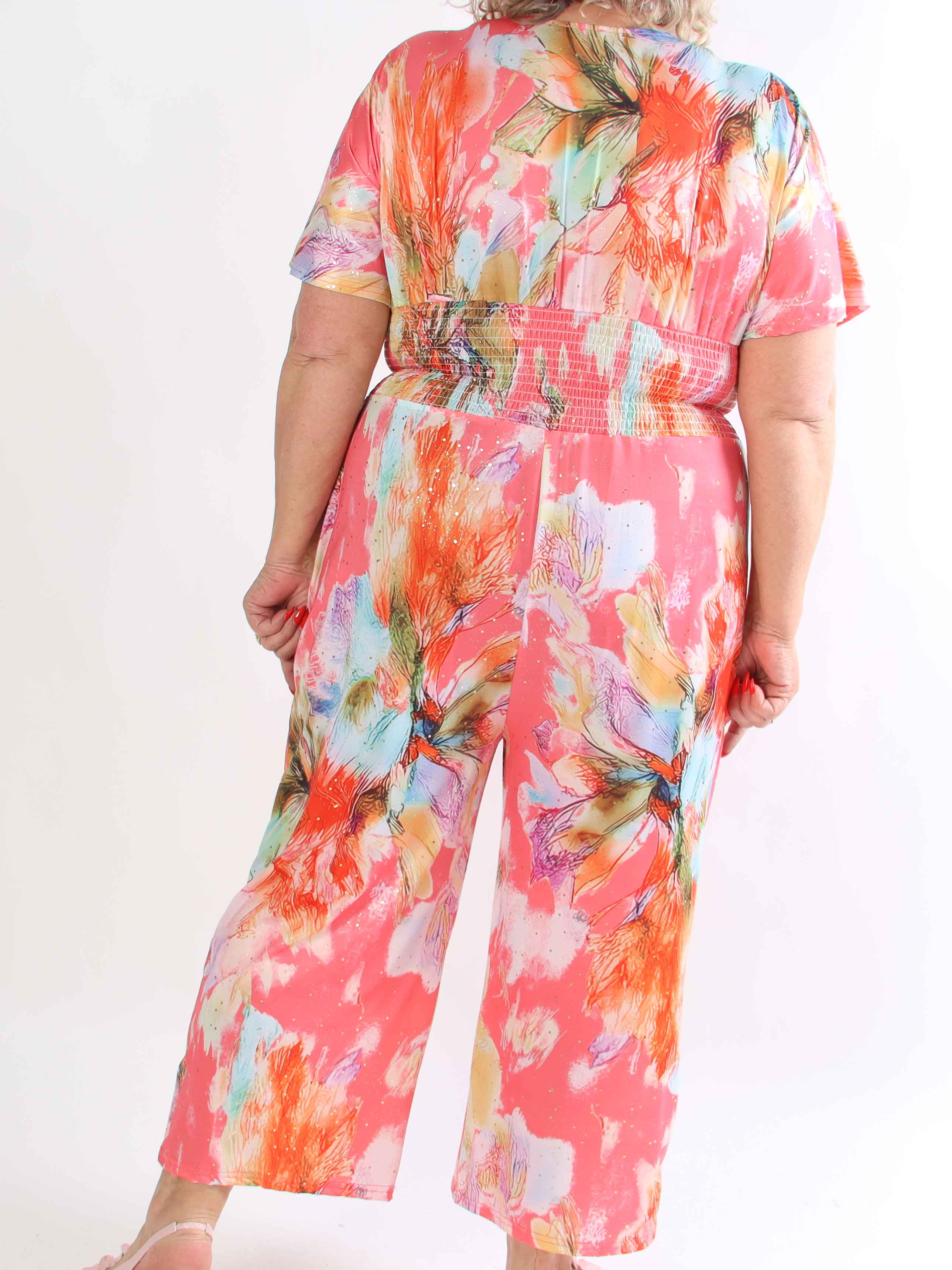 Pams Print Jumpsuit - Elastisk mønstret plus size buksedragt med guld støv