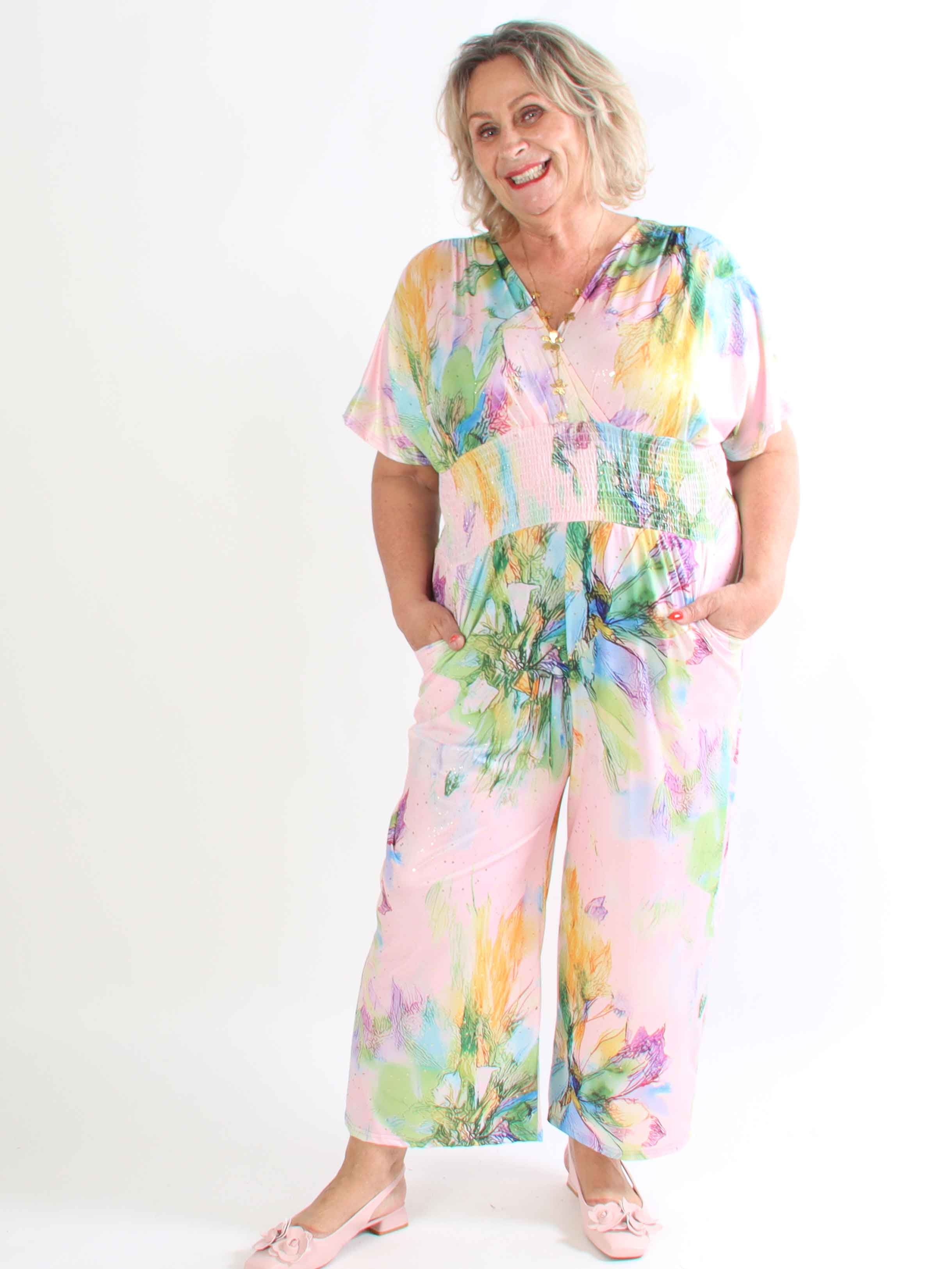 Pams Print Jumpsuit - Elastisk mønstret plus size buksedragt med guld støv