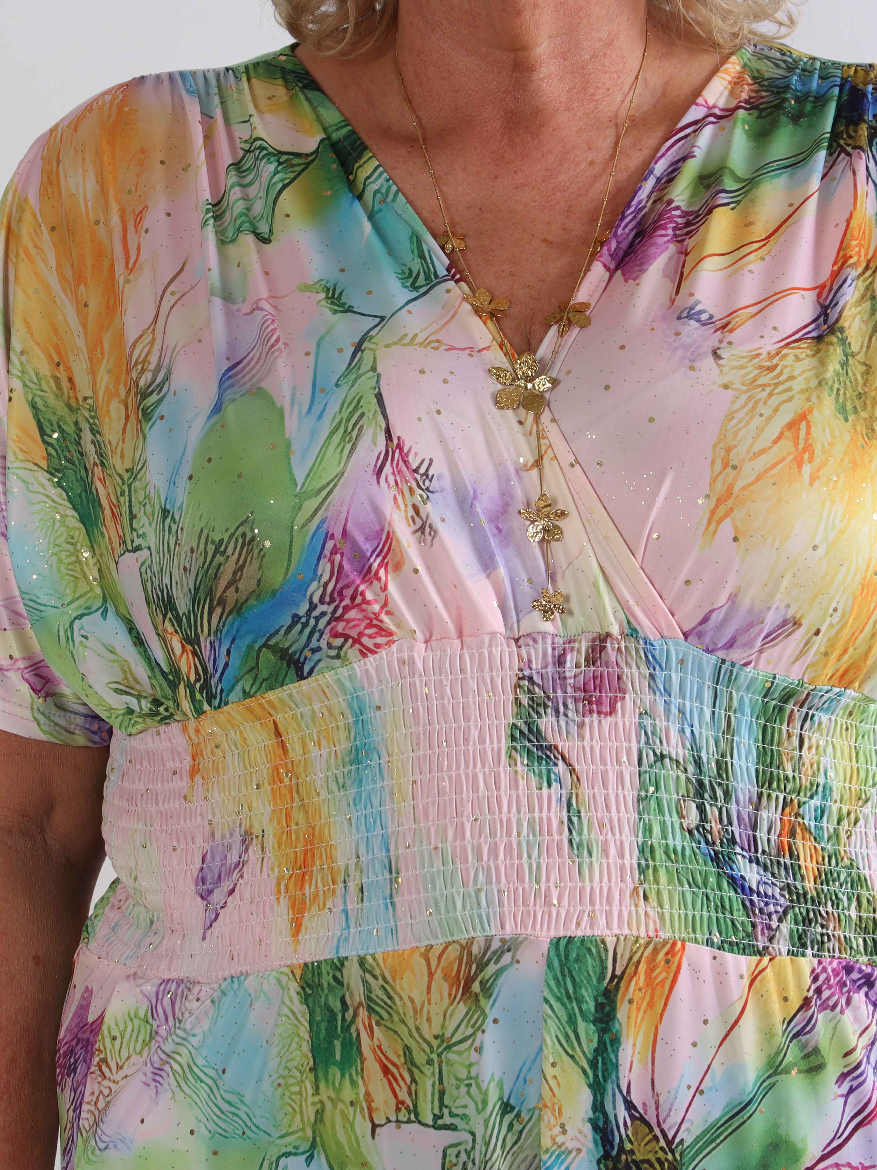 Pams Print Jumpsuit - Elastisk mønstret plus size buksedragt med guld støv