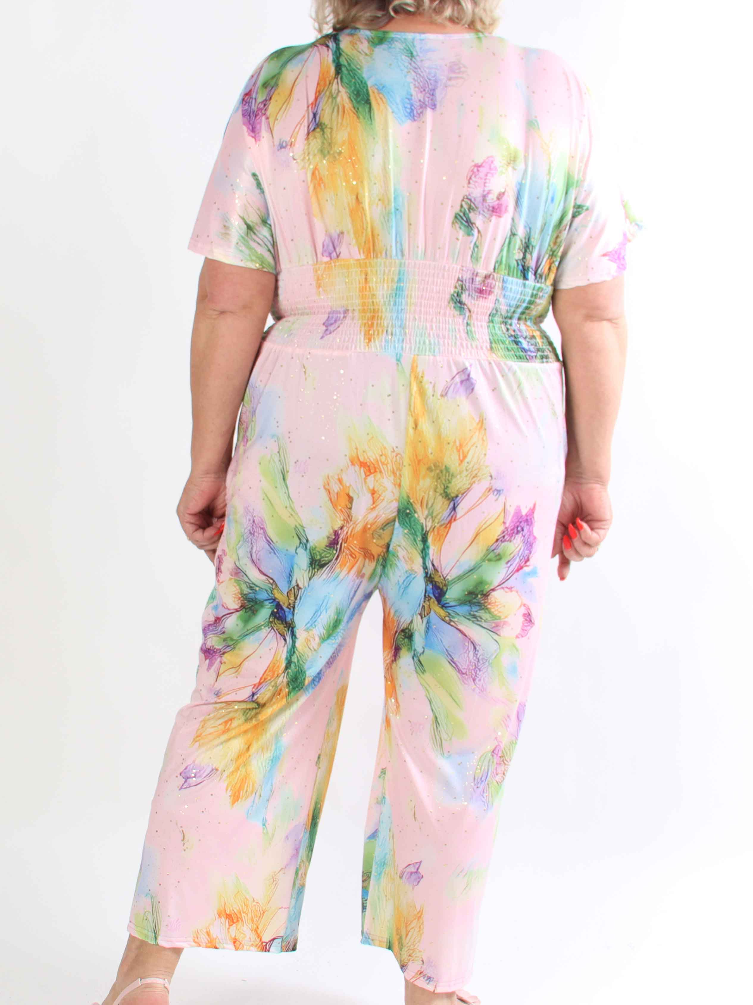 Pams Print Jumpsuit - Elastisk mønstret plus size buksedragt med guld støv