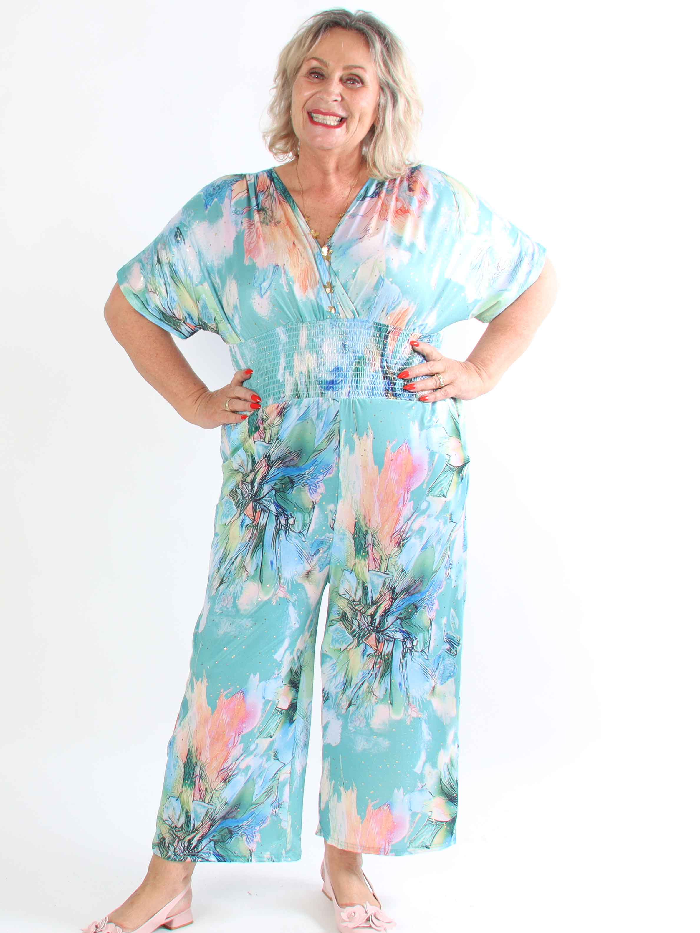 Pams Print Jumpsuit - Elastisk mønstret plus size buksedragt med guld støv
