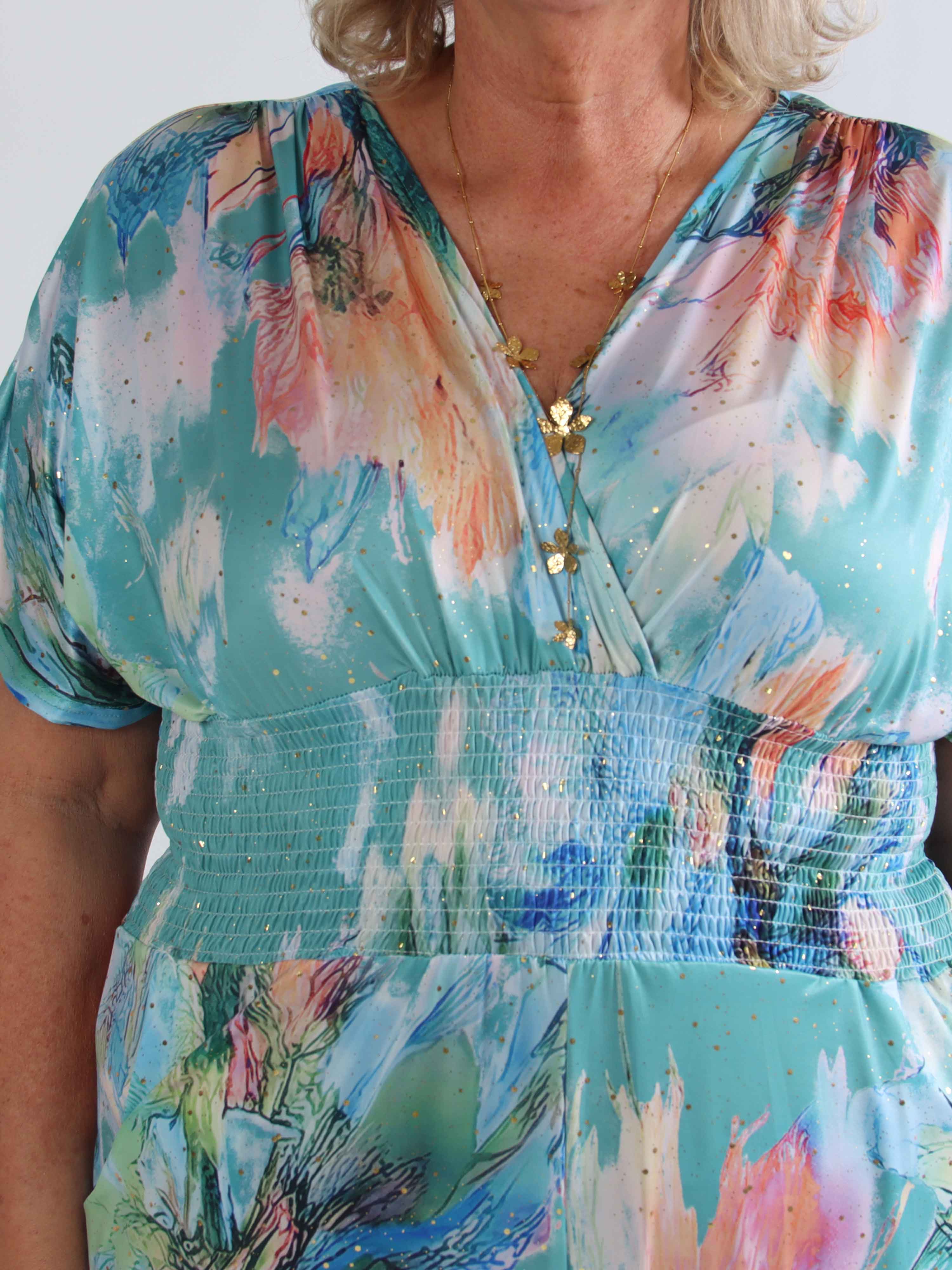 Pams Print Jumpsuit - Elastisk mønstret plus size buksedragt med guld støv