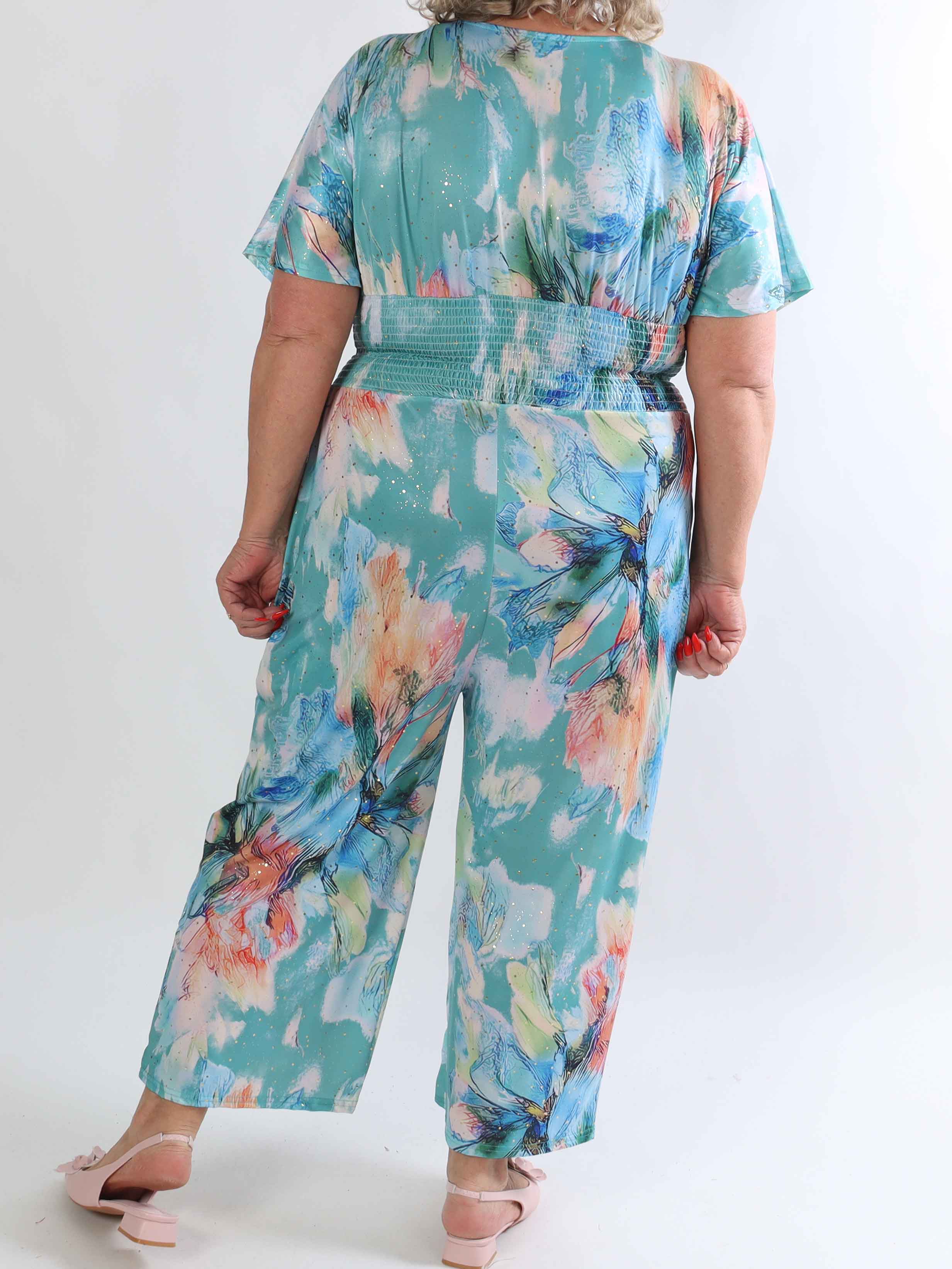 Pams Print Jumpsuit - Elastisk mønstret plus size buksedragt med guld støv