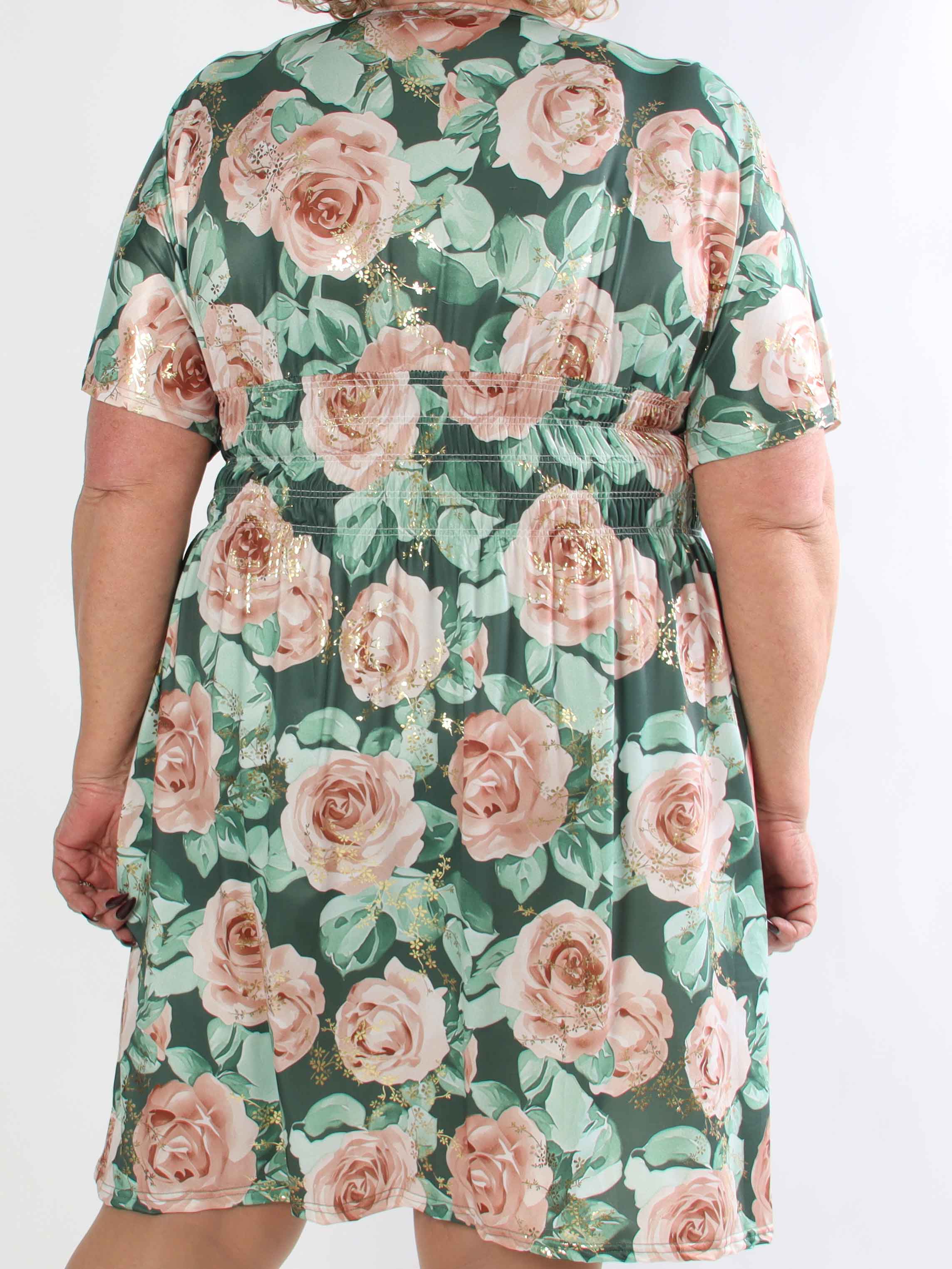 Pams Rose Short - Plus size kjole med blomstermotiver og guld blade