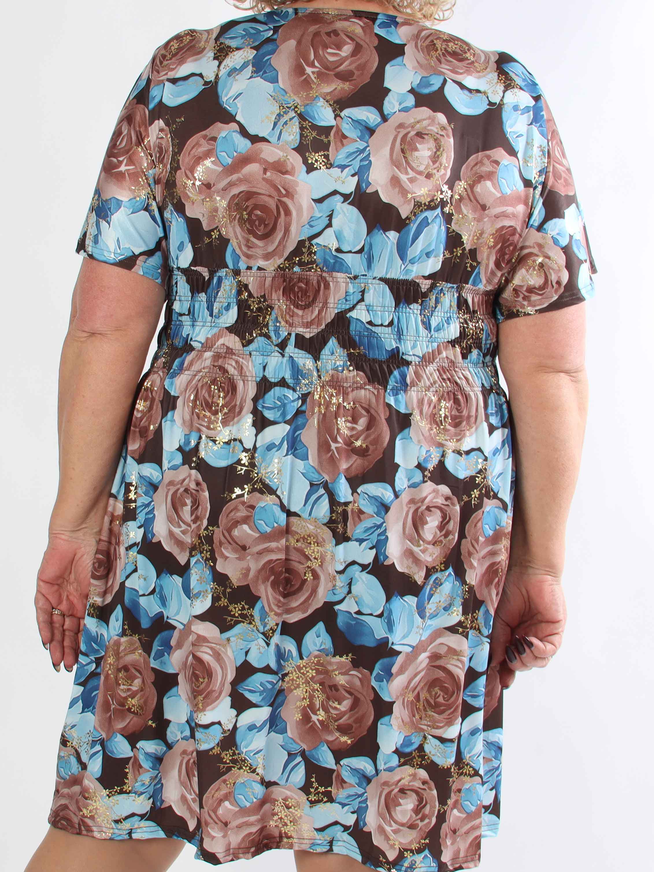 Pams Rose Short - Plus size kjole med blomstermotiver og guld blade