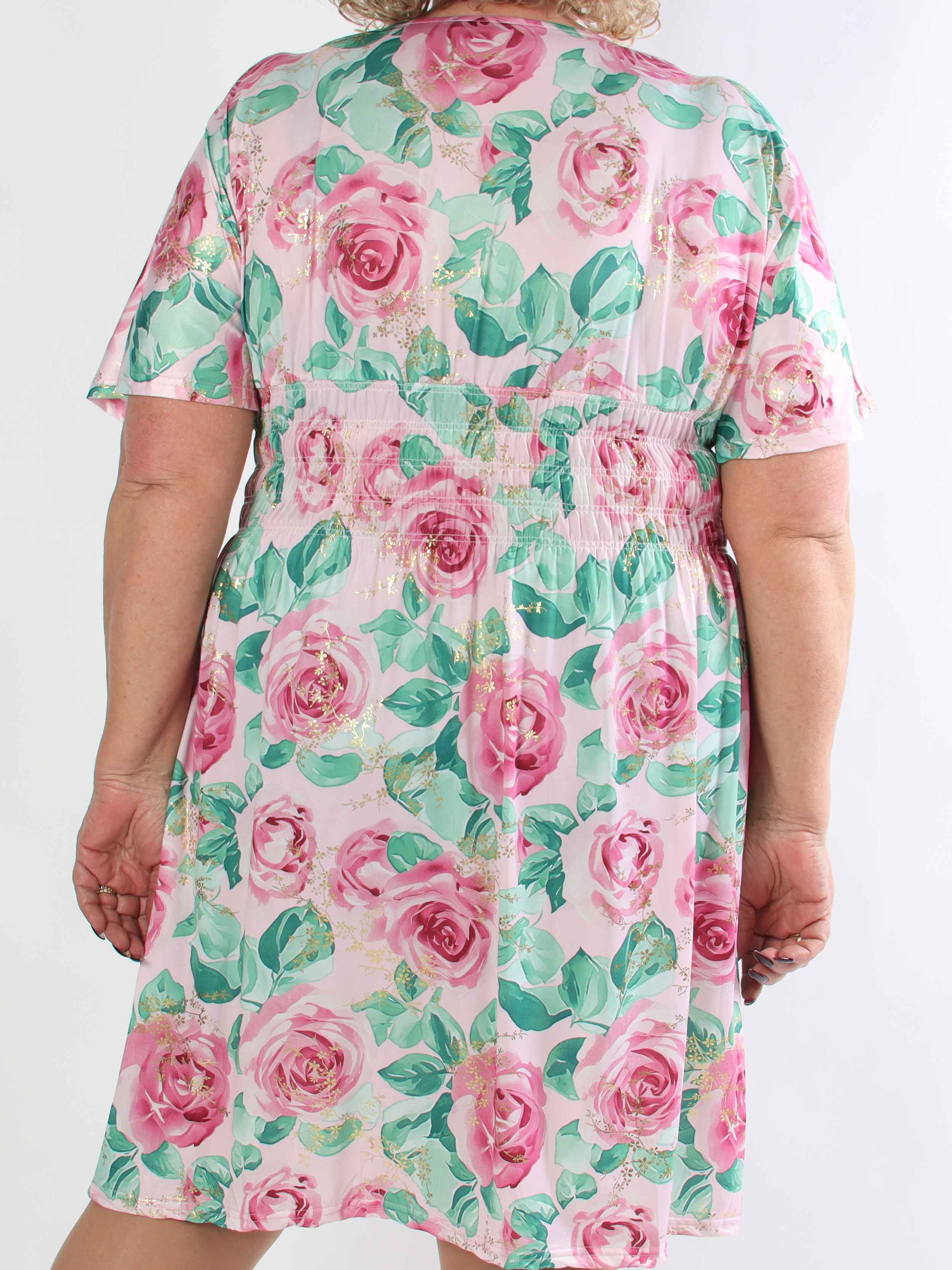 Pams Rose Short - Plus size kjole med blomstermotiver og guld blade