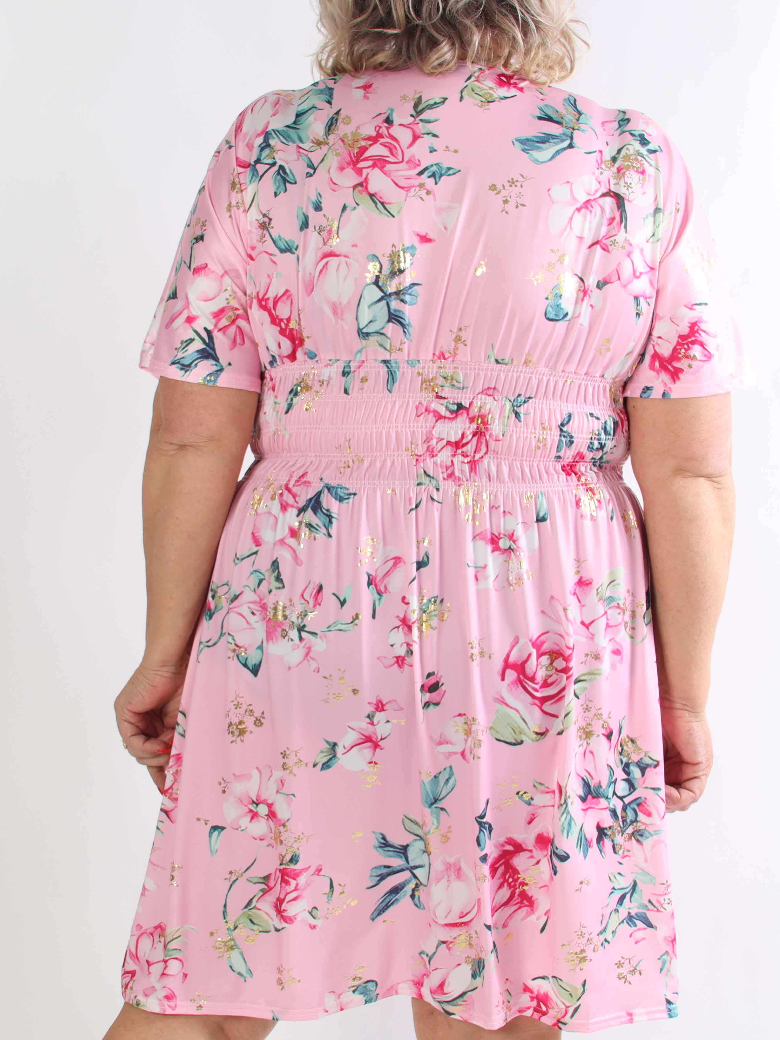 Pams Rosette Short - Plus size kjole med fine blomster og guld detaljer