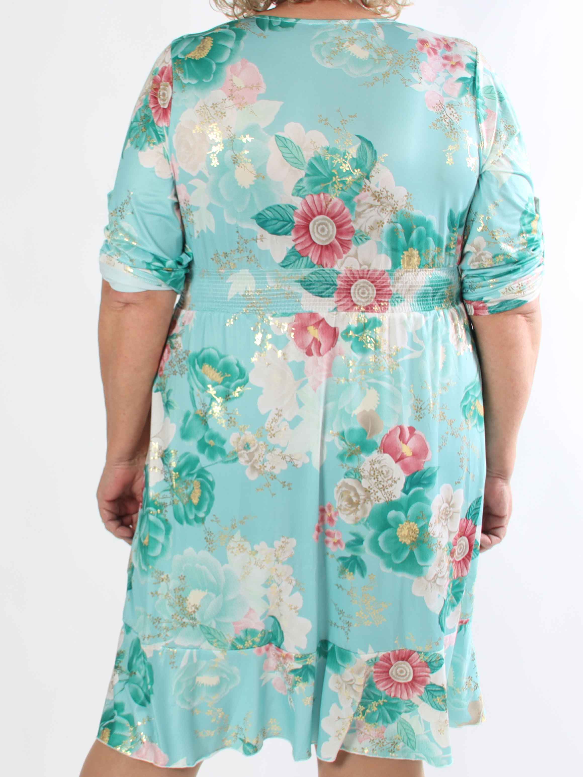 Savina Flower - Blomstret elastisk plus size kjole i slå-om-look