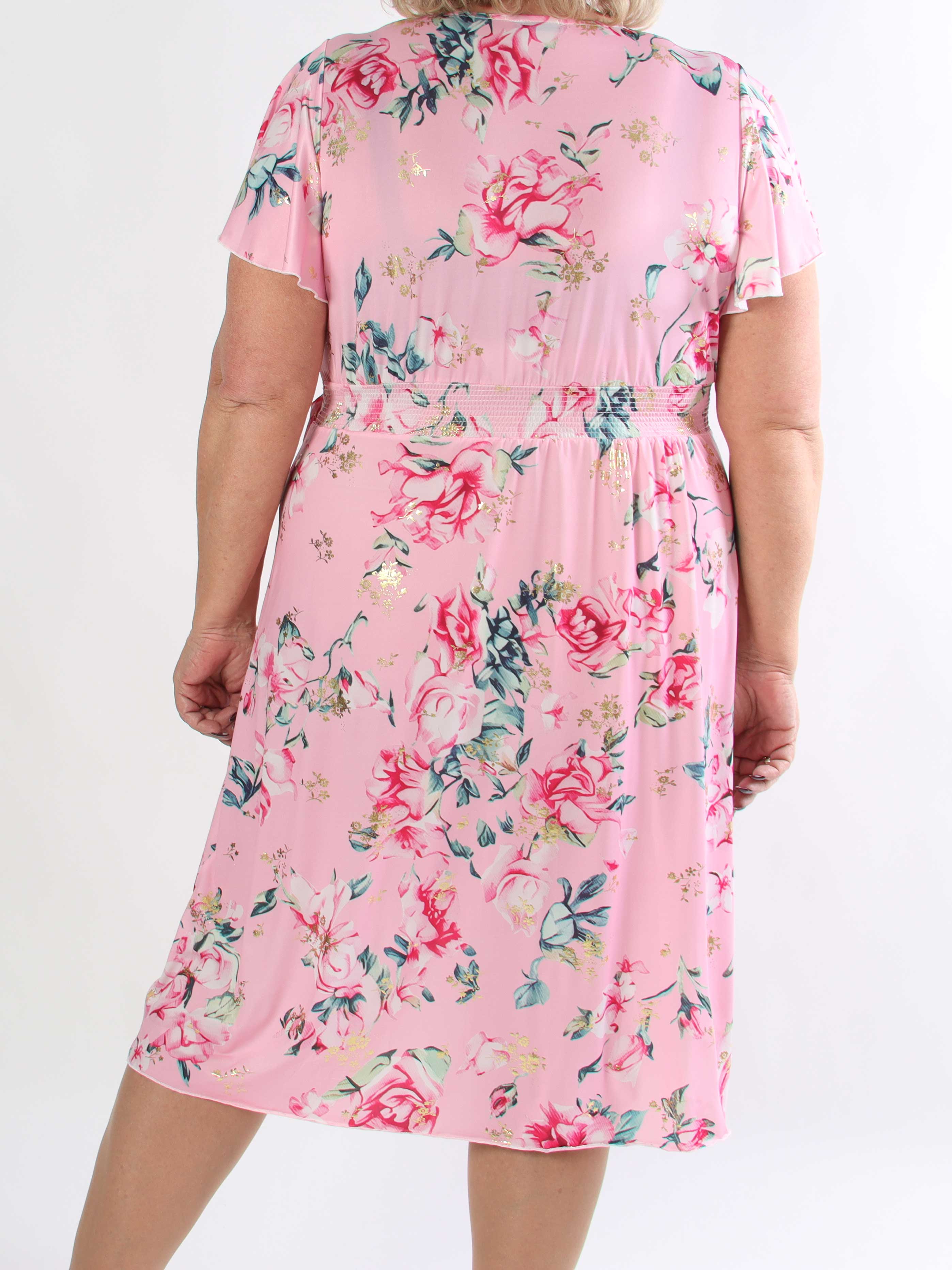 Savina Rose S/S - Blomstret elastisk plus size kjole i slå-om-look