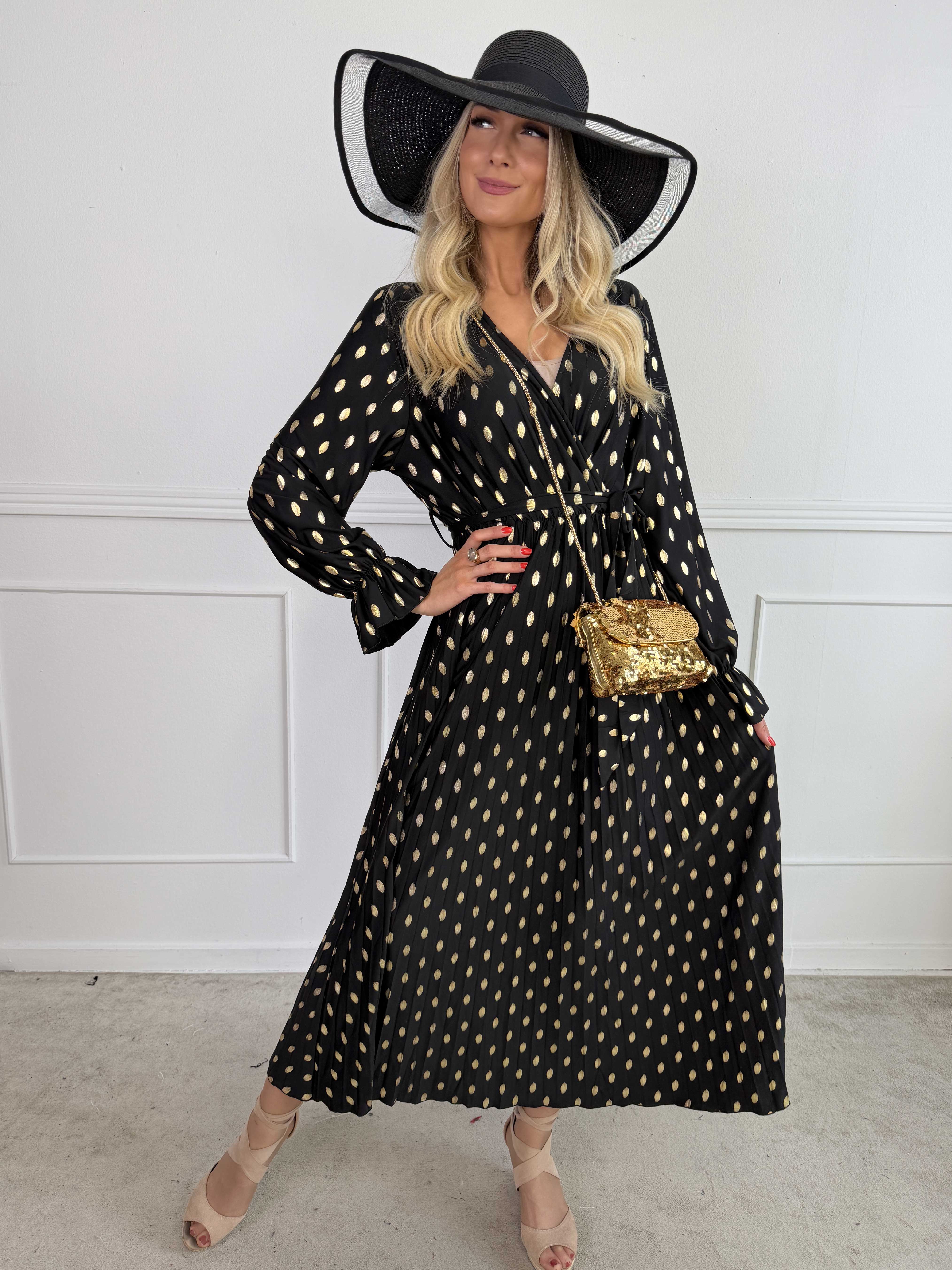 Silvija Dot - Lang elastisk kjole med guld dutter og plisseret skørt