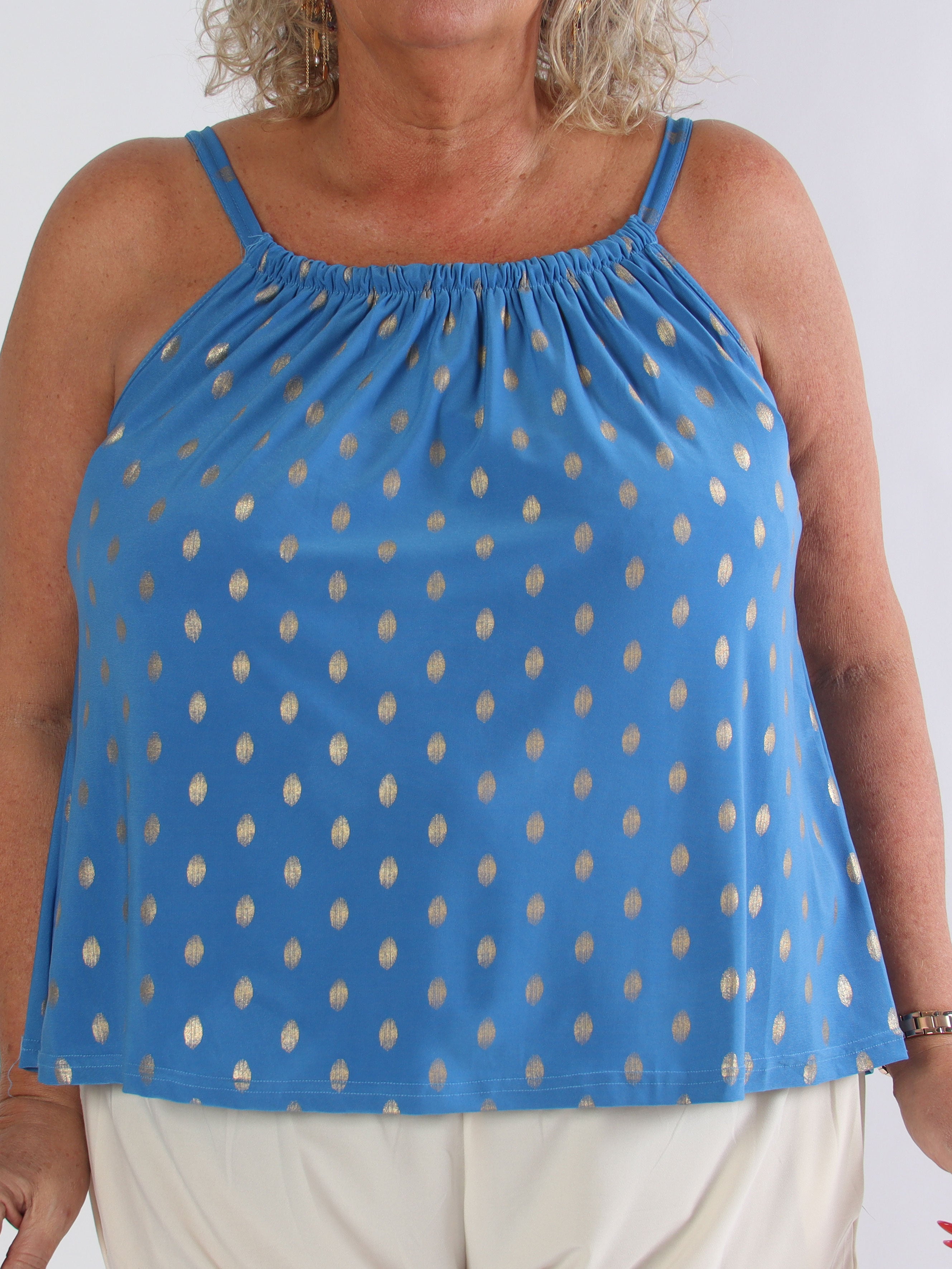Sunlove Dot Top - Elastisk plus size stroptop med guld dutter