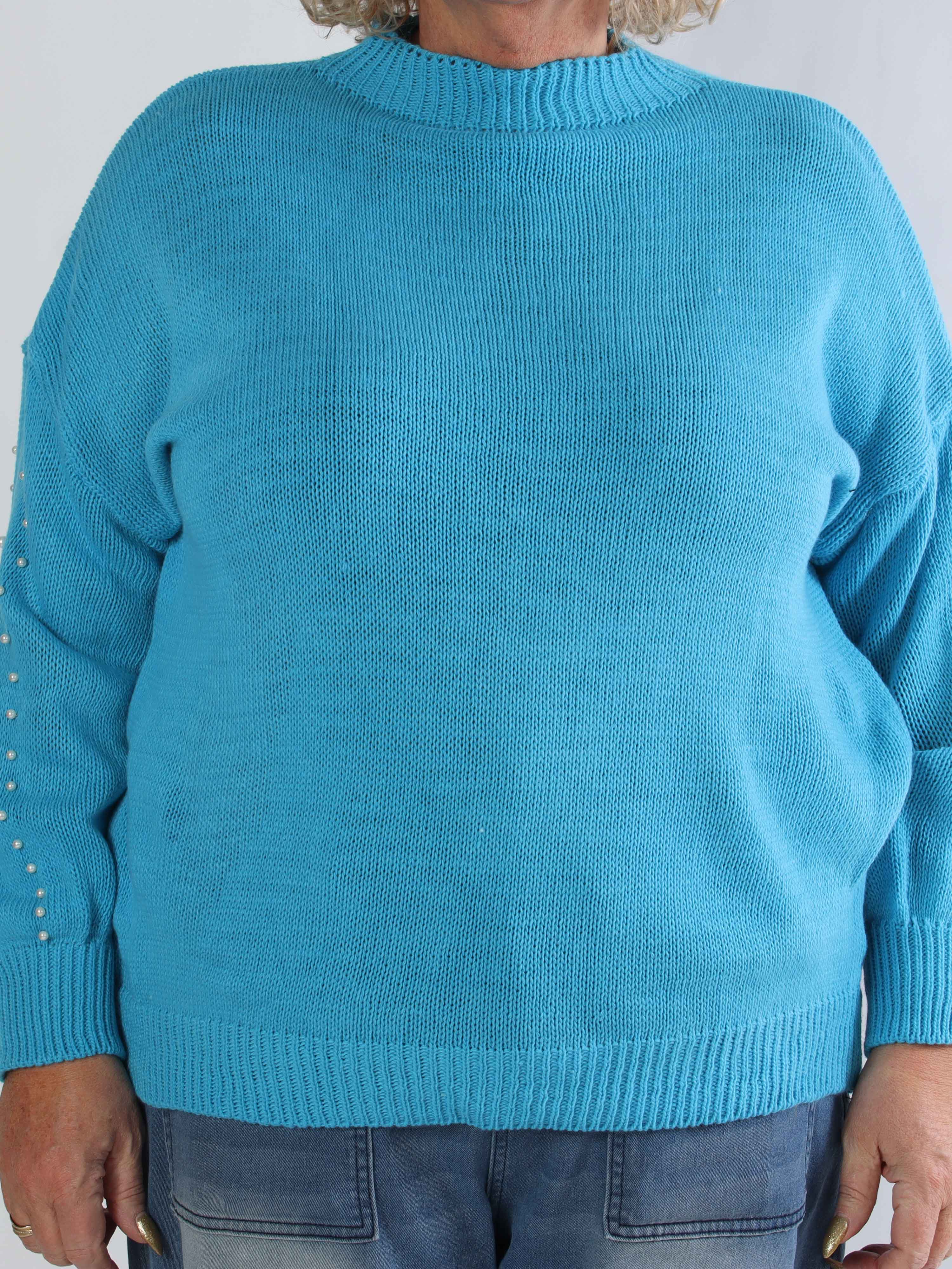 Viviane - Plus size strik detaljeret med hvide perler og ballonærmer