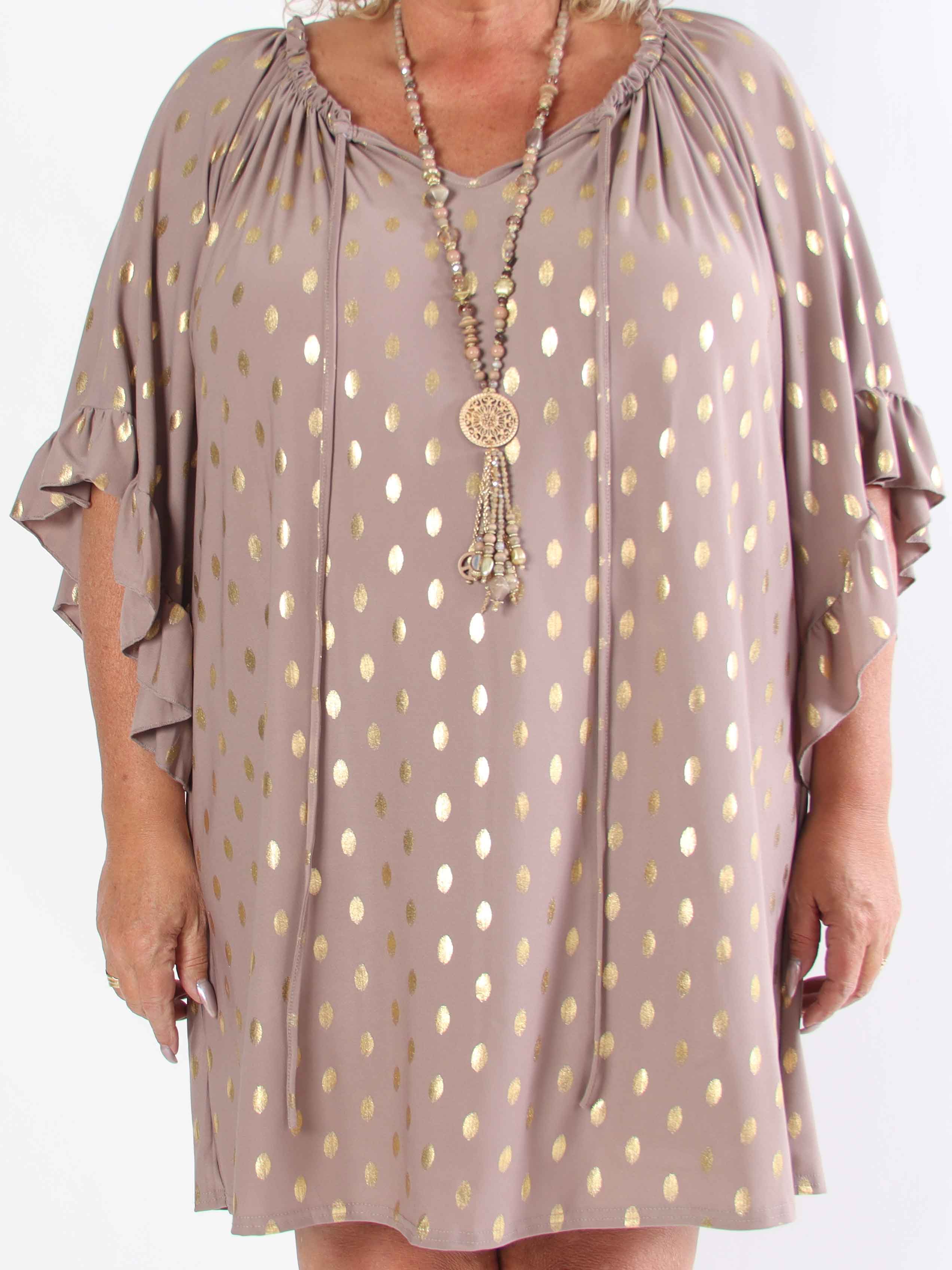 Yasma - Plus size tunikakjole med guld prikker og flæseærmer