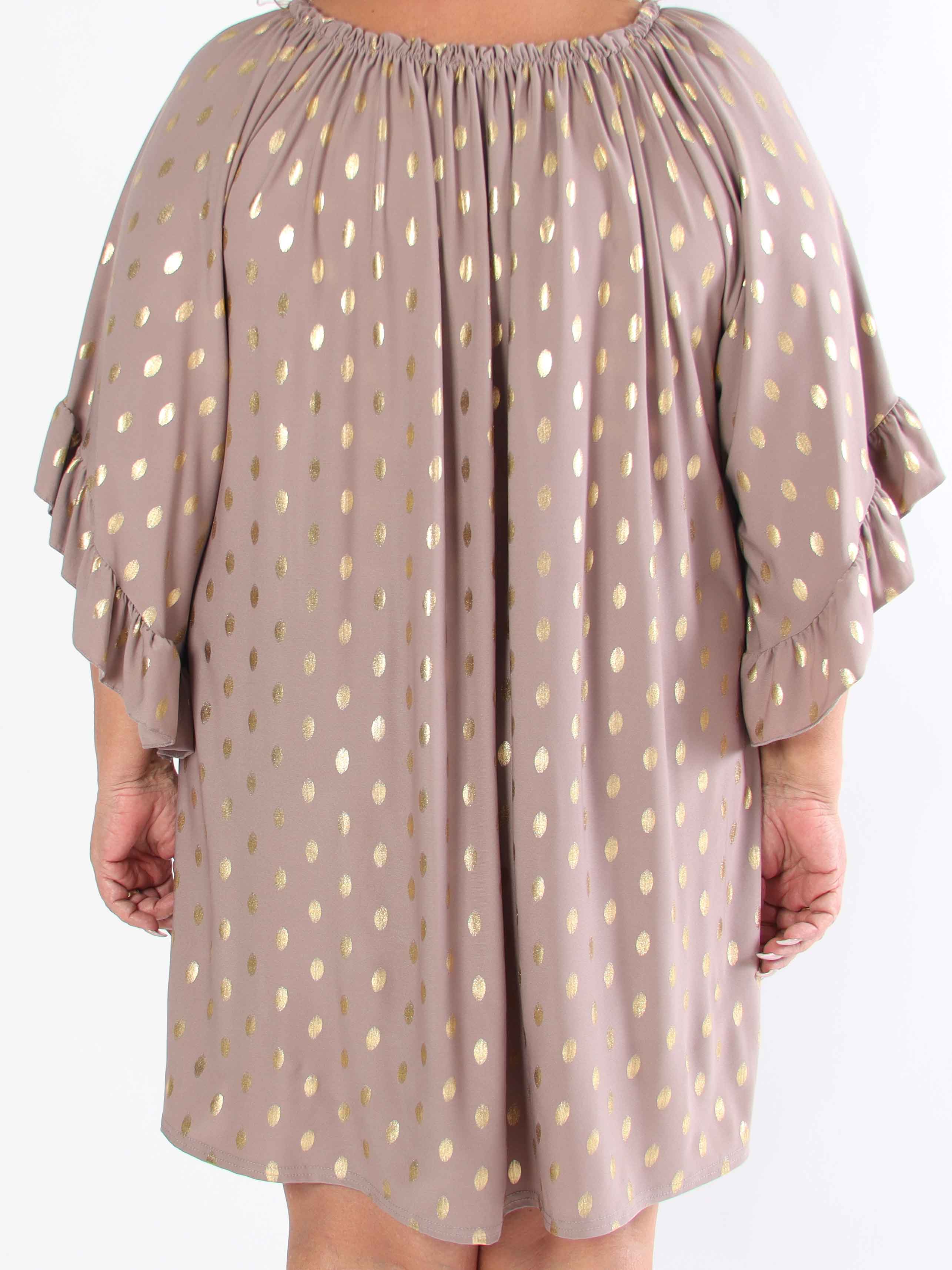 Yasma - Plus size tunikakjole med guld prikker og flæseærmer