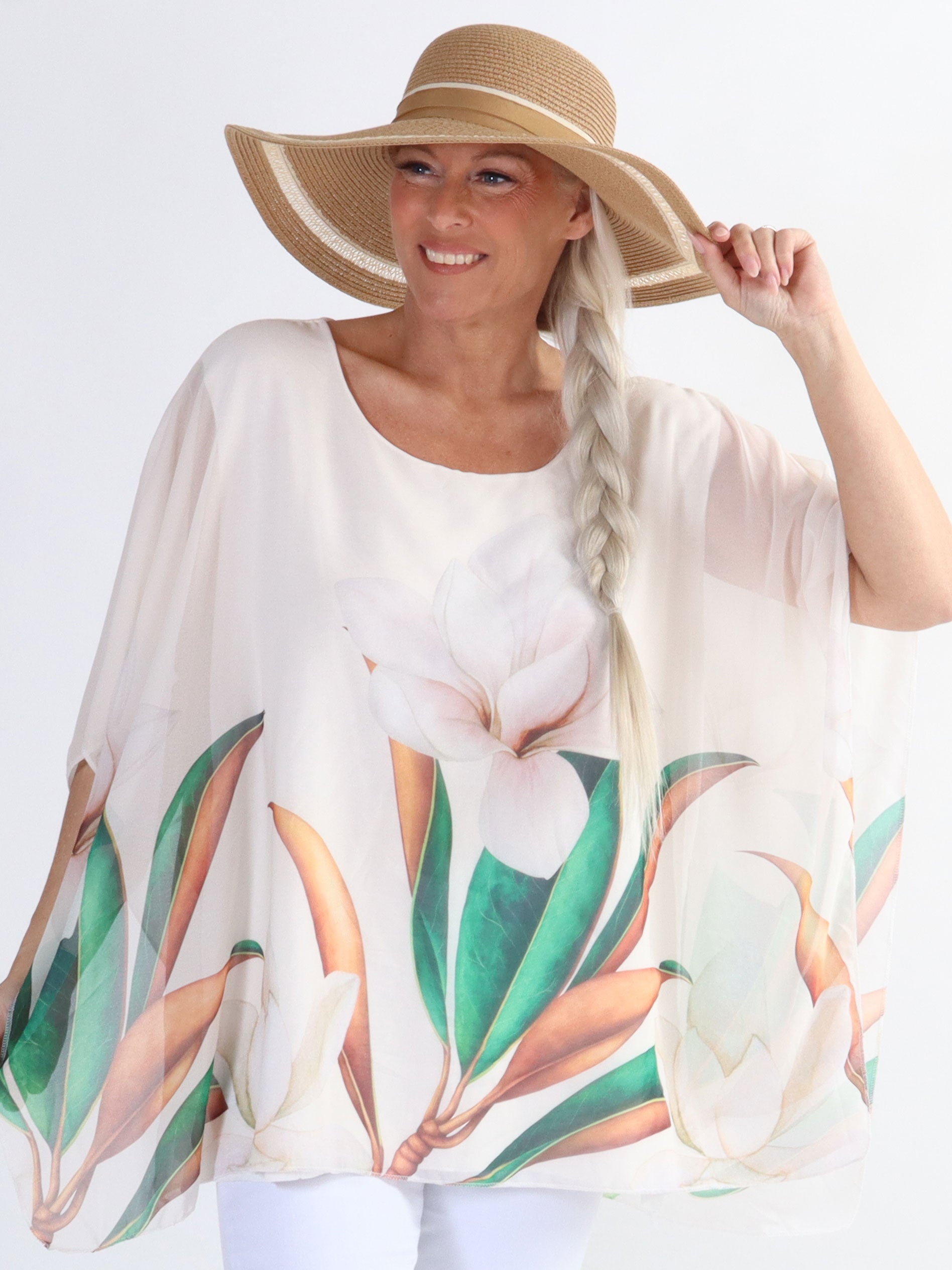 Mian - Farverig plus size tunika med chiffonlag