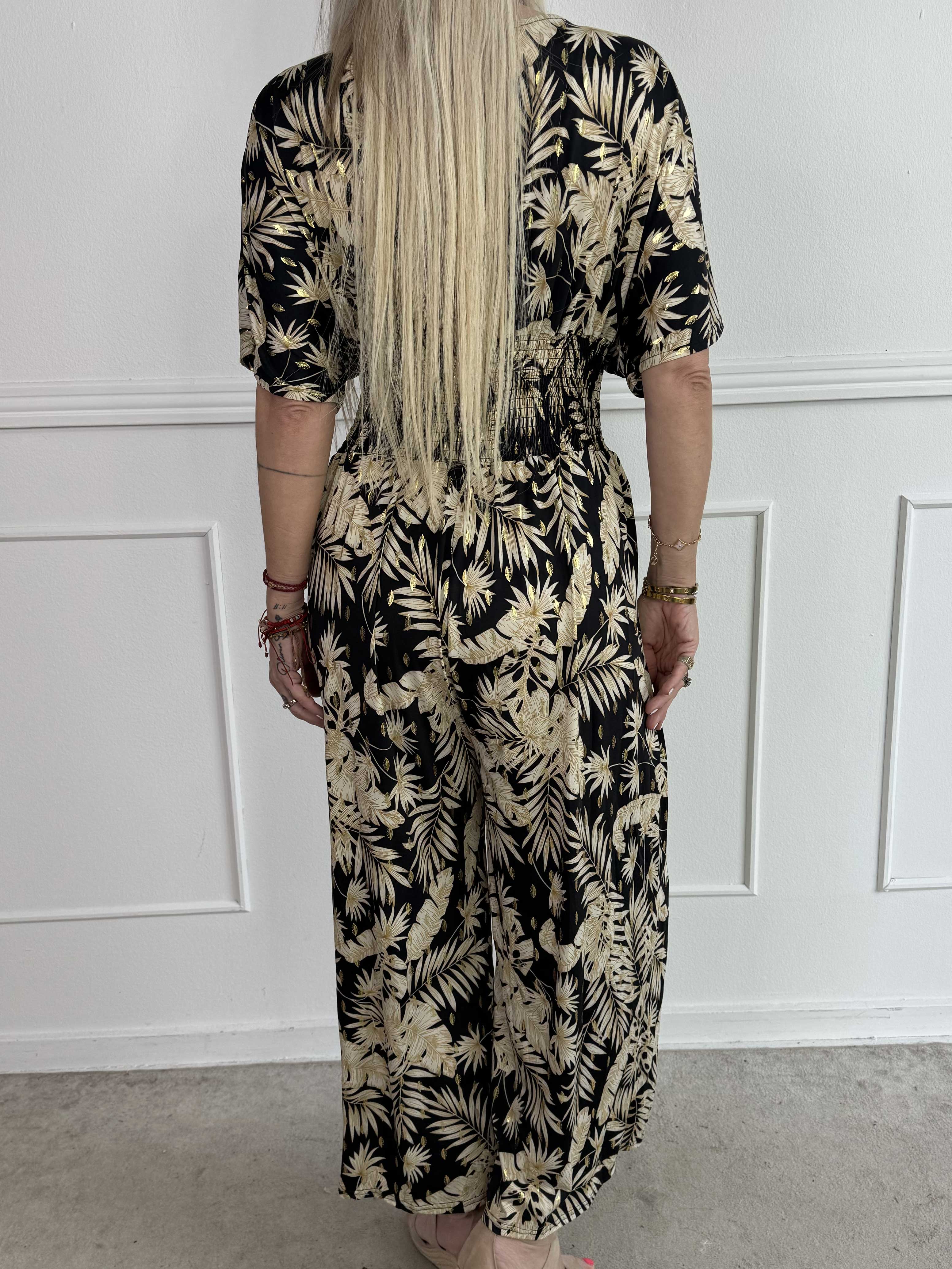 Pams Gold Leaf Jumpsuit - Elastisk buksedragt med blad mønster og guld dutter